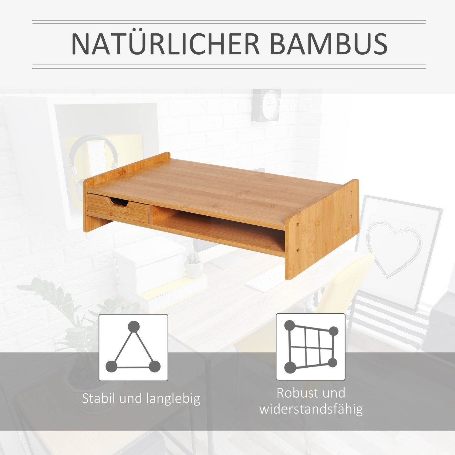 Naturligt trä Monitorställ – Skrivbordsorganisator med lådor