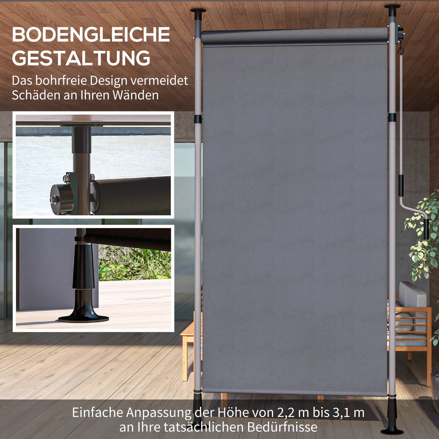 Mörkgrå Väderbeständig Balkongmarkis – 150x220-310cm