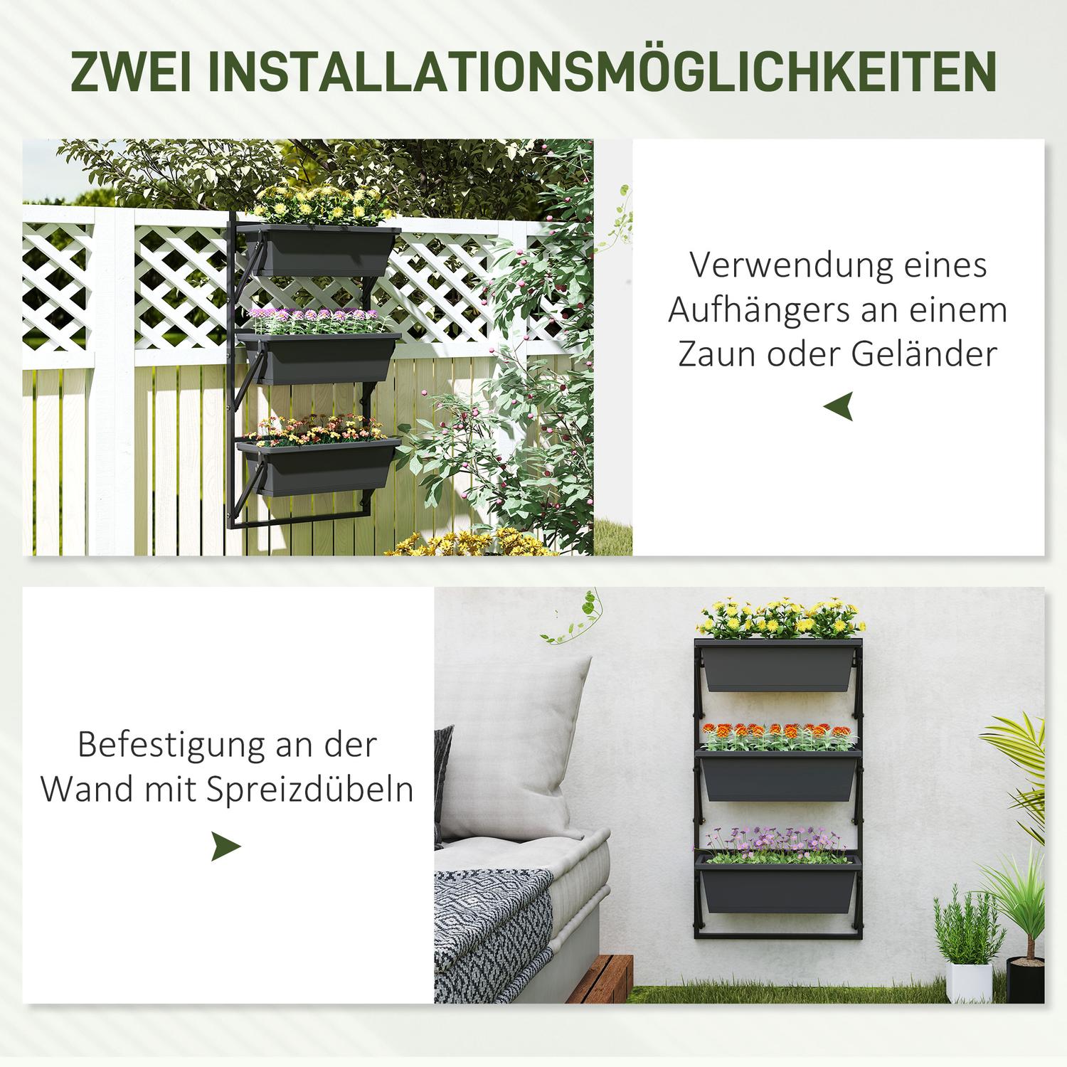 Mörkgrå kvadratiska blomkrukor i plast, 56x42 cm, set om 3