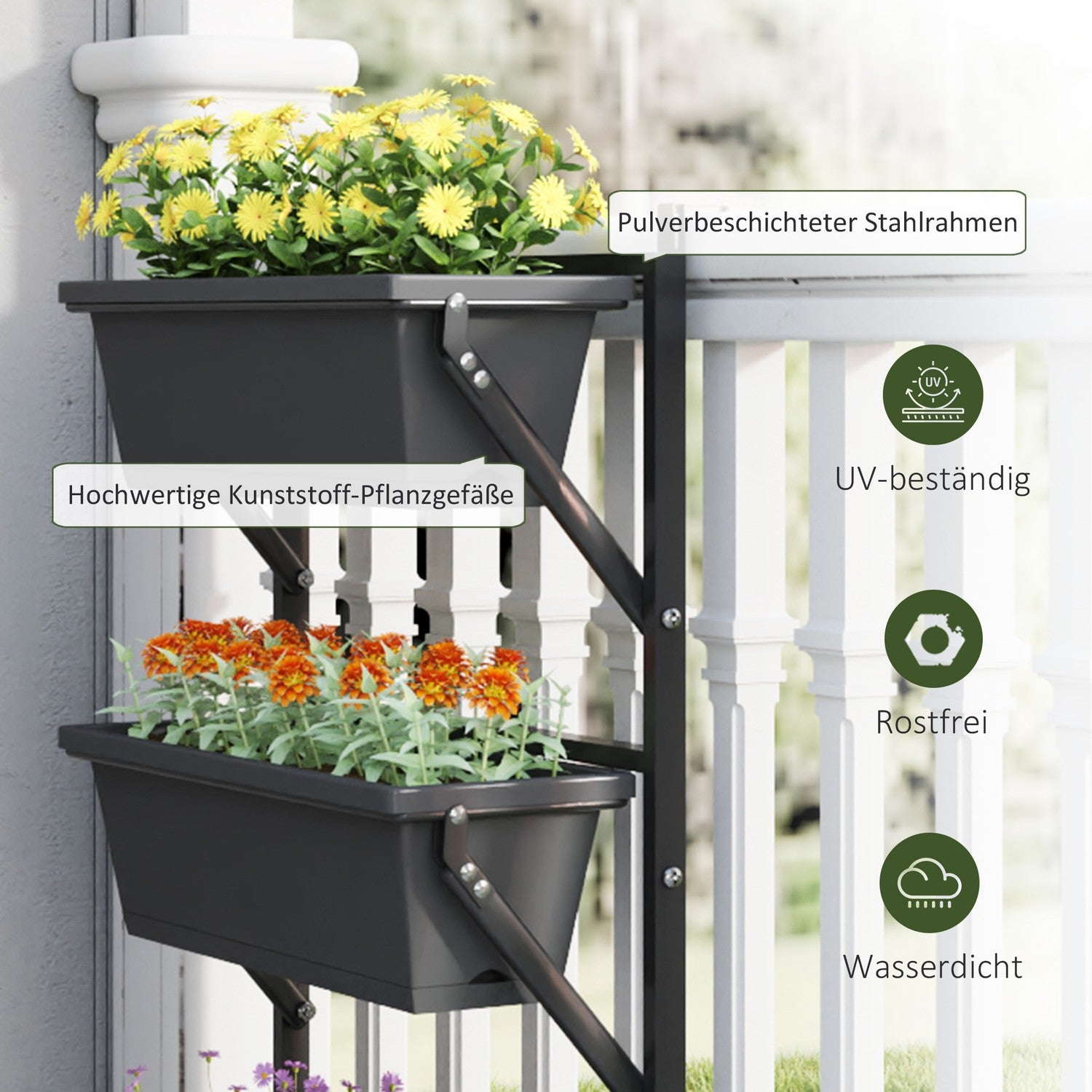 Mörkgrå kvadratiska blomkrukor i plast, 56x42 cm, set om 3