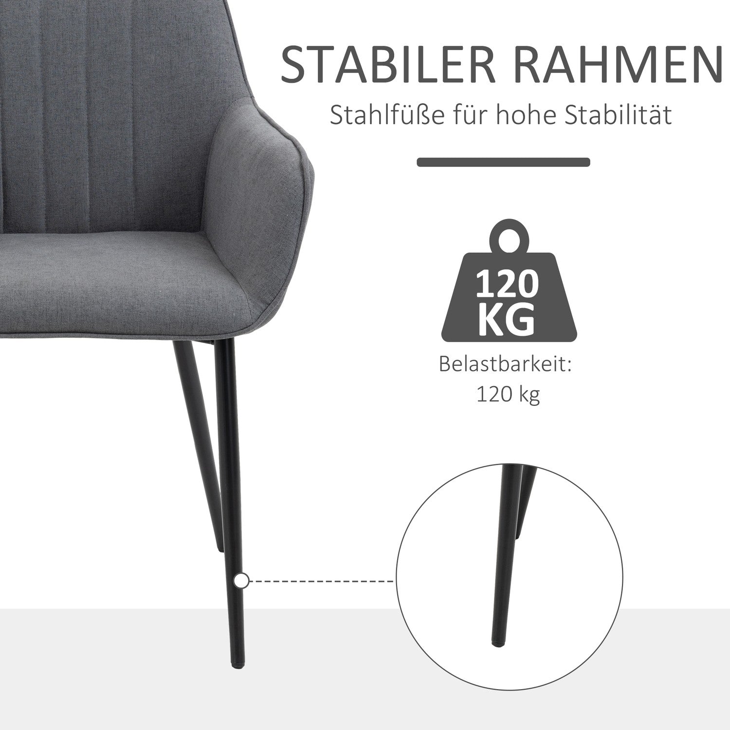 Mörkgrå matstolar Set om 2, linneklädsel, metallben