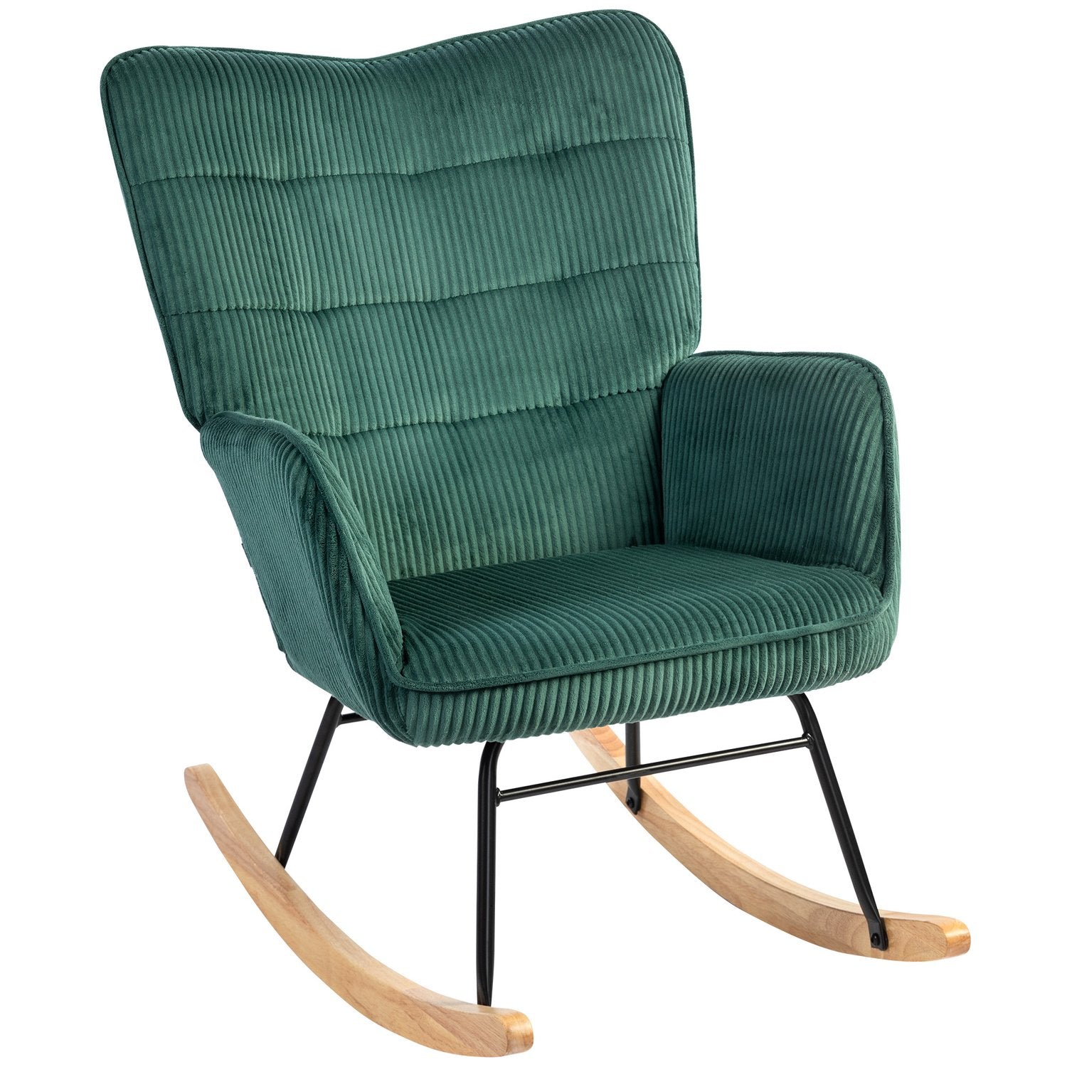 Donkergroene schommelstoel – houten lopers, relaxfauteuil
