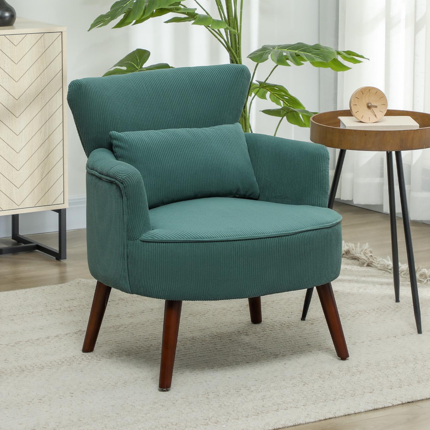 Mörkgrön stoppad fåtölj, sladdlook, träben