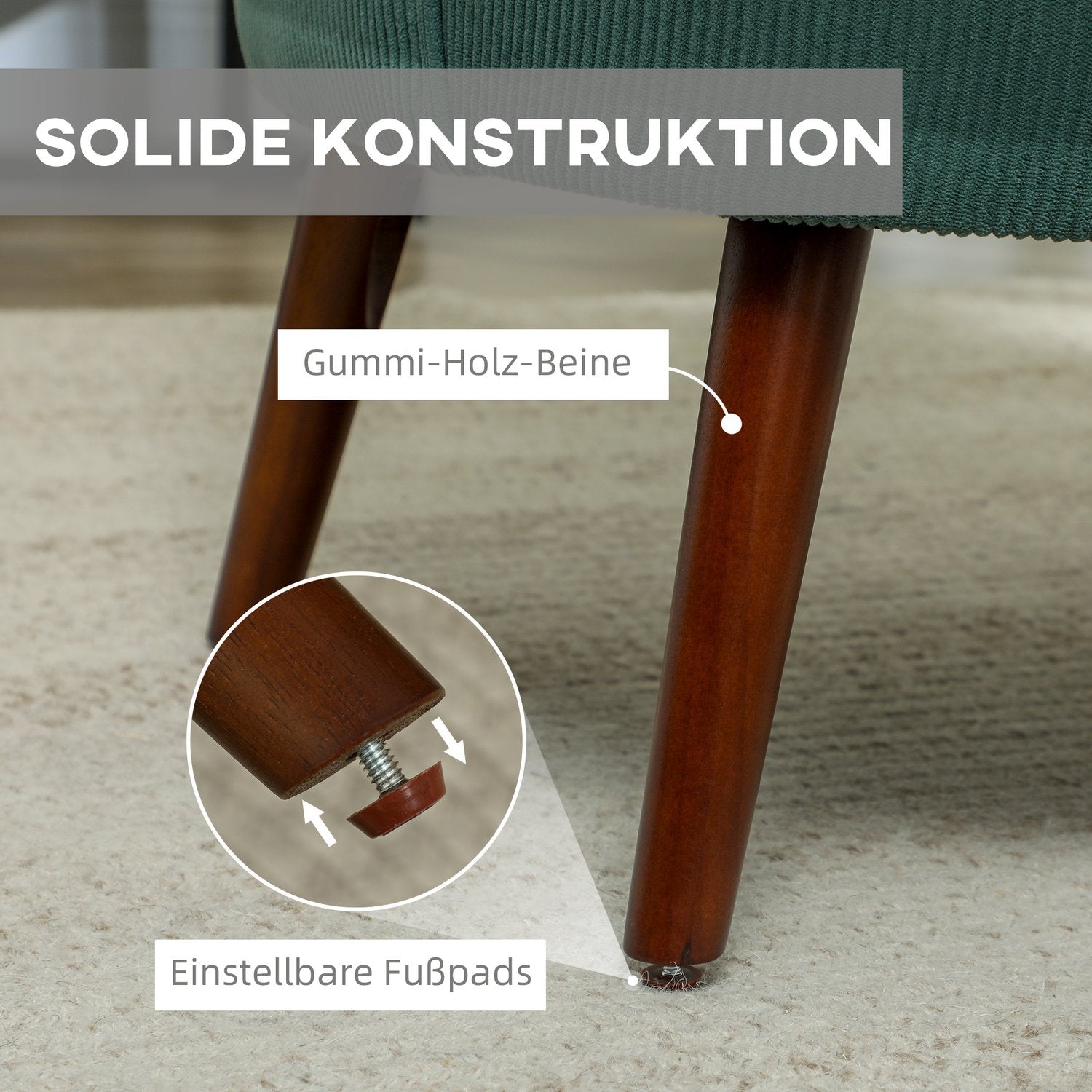 Mörkgrön stoppad fåtölj, sladdlook, träben