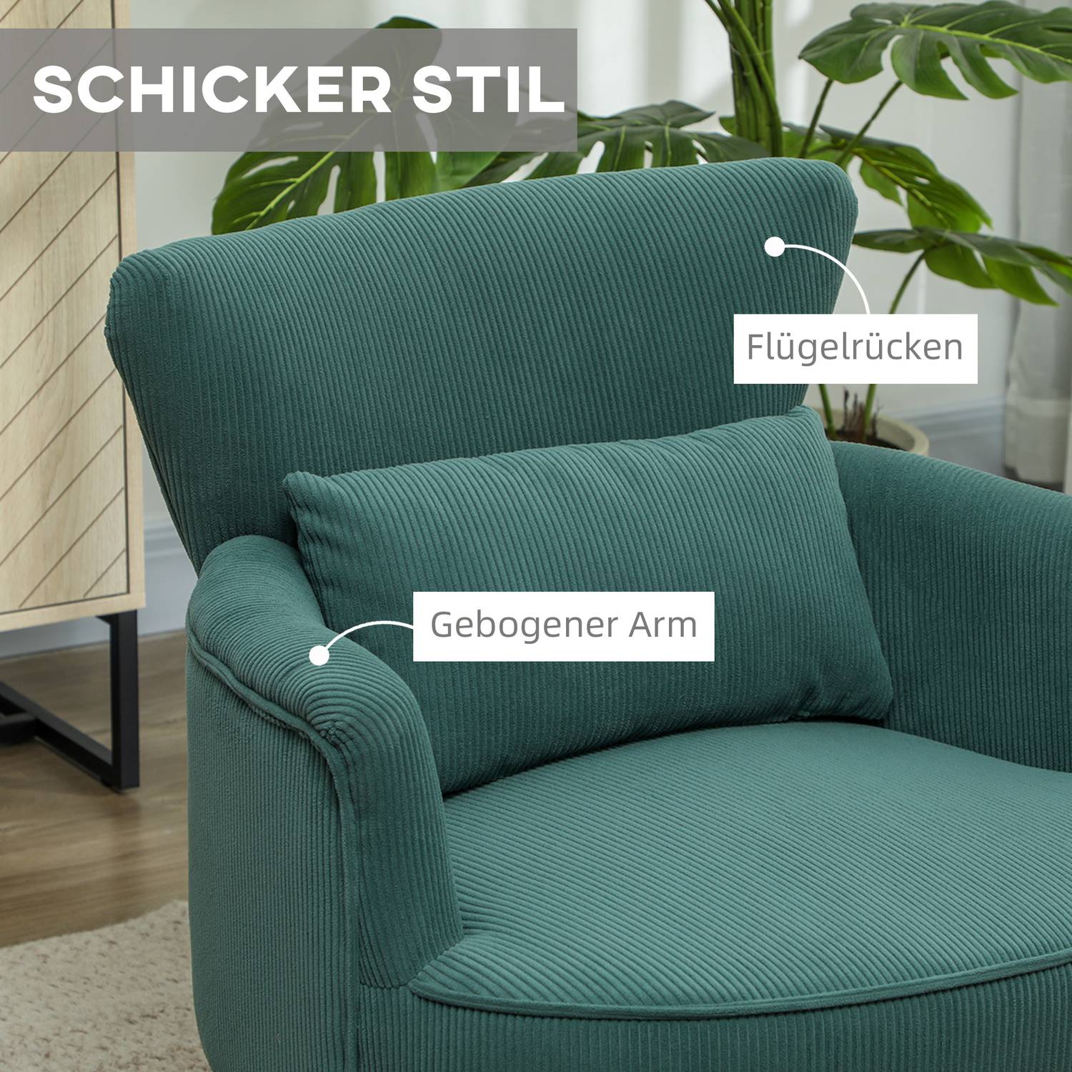 Mörkgrön stoppad fåtölj, sladdlook, träben