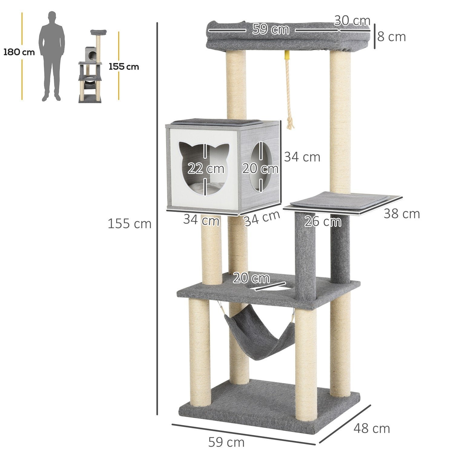 Multi-Tier Cat Scratching Post Klätterträd, Multi-Activity Center, Hängmatta, Mjuk Kudde, E1, 59X48X155Cm