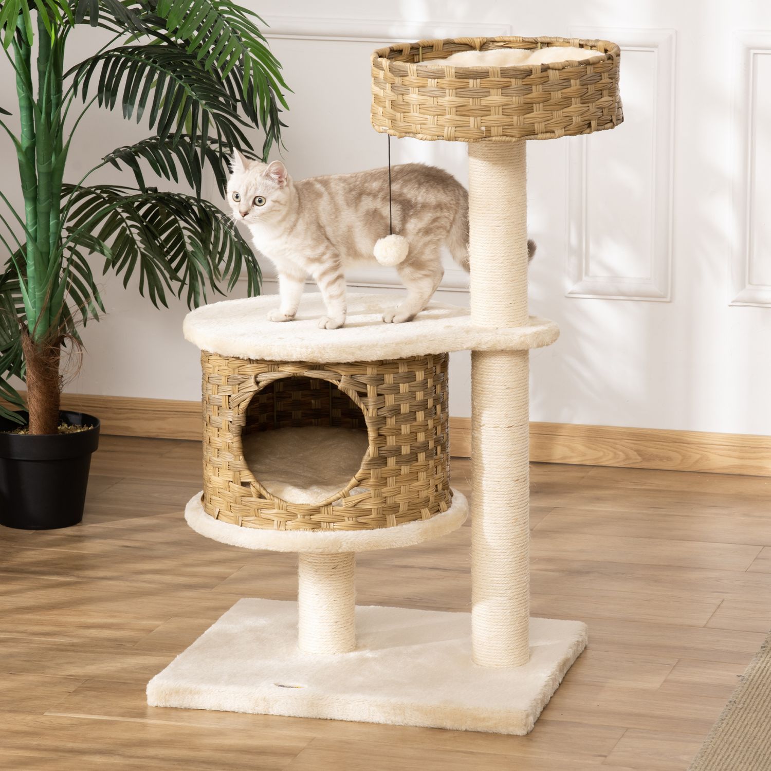 Skrapstolpe Rottingkattträd, Klätterträd Med Cat Cave & Sisal-Stolpar, Lekbollar, 95Cm, Naturlig Sisal+Beige