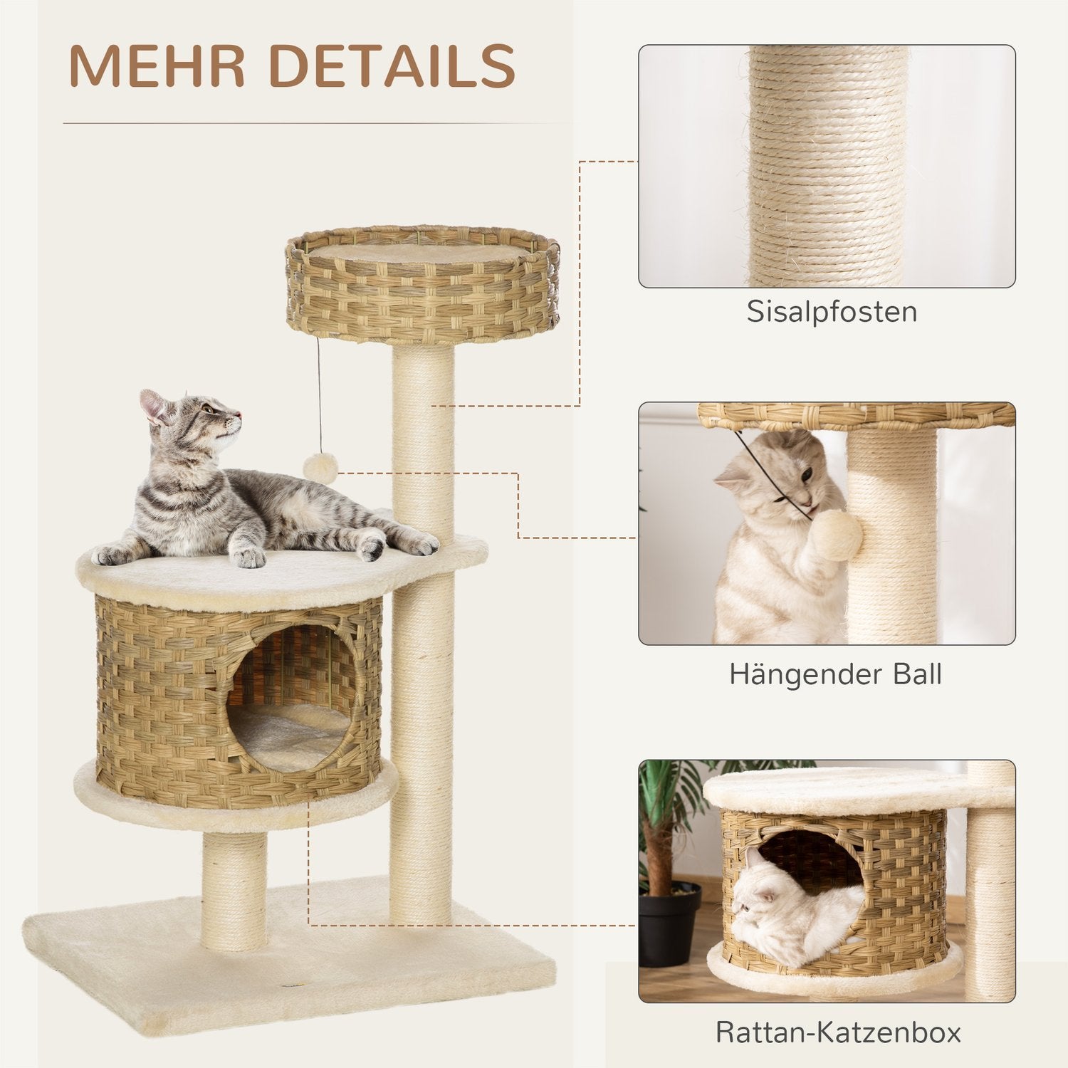 Skrapstolpe Rottingkattträd, Klätterträd Med Cat Cave & Sisal-Stolpar, Lekbollar, 95Cm, Naturlig Sisal+Beige