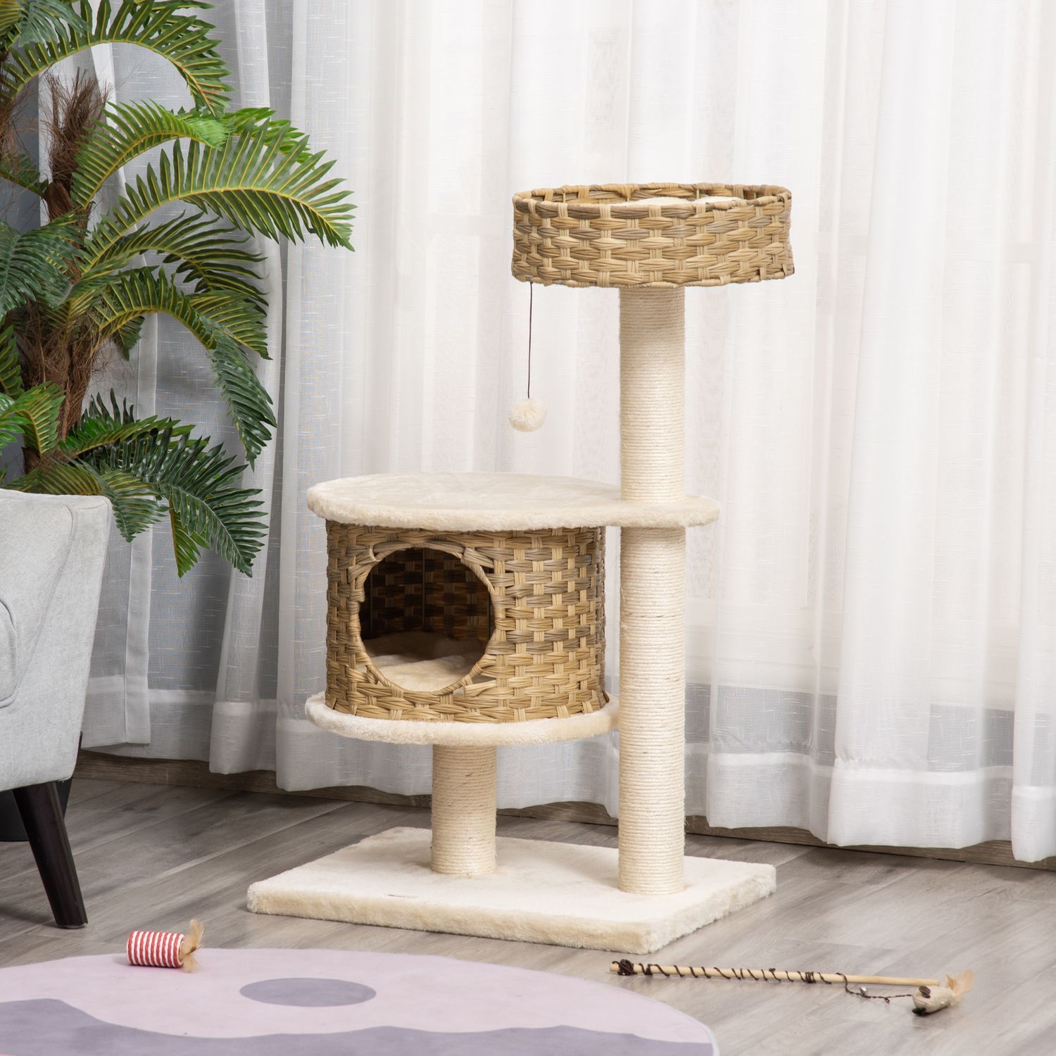 Skrapstolpe Rottingkattträd, Klätterträd Med Cat Cave & Sisal-Stolpar, Lekbollar, 95Cm, Naturlig Sisal+Beige