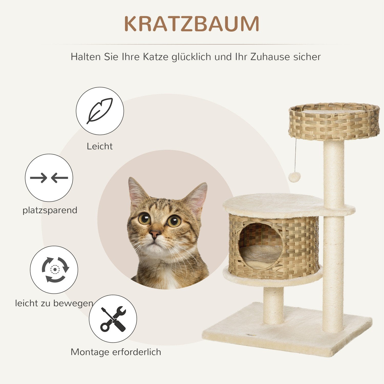 Skrapstolpe Rottingkattträd, Klätterträd Med Cat Cave & Sisal-Stolpar, Lekbollar, 95Cm, Naturlig Sisal+Beige