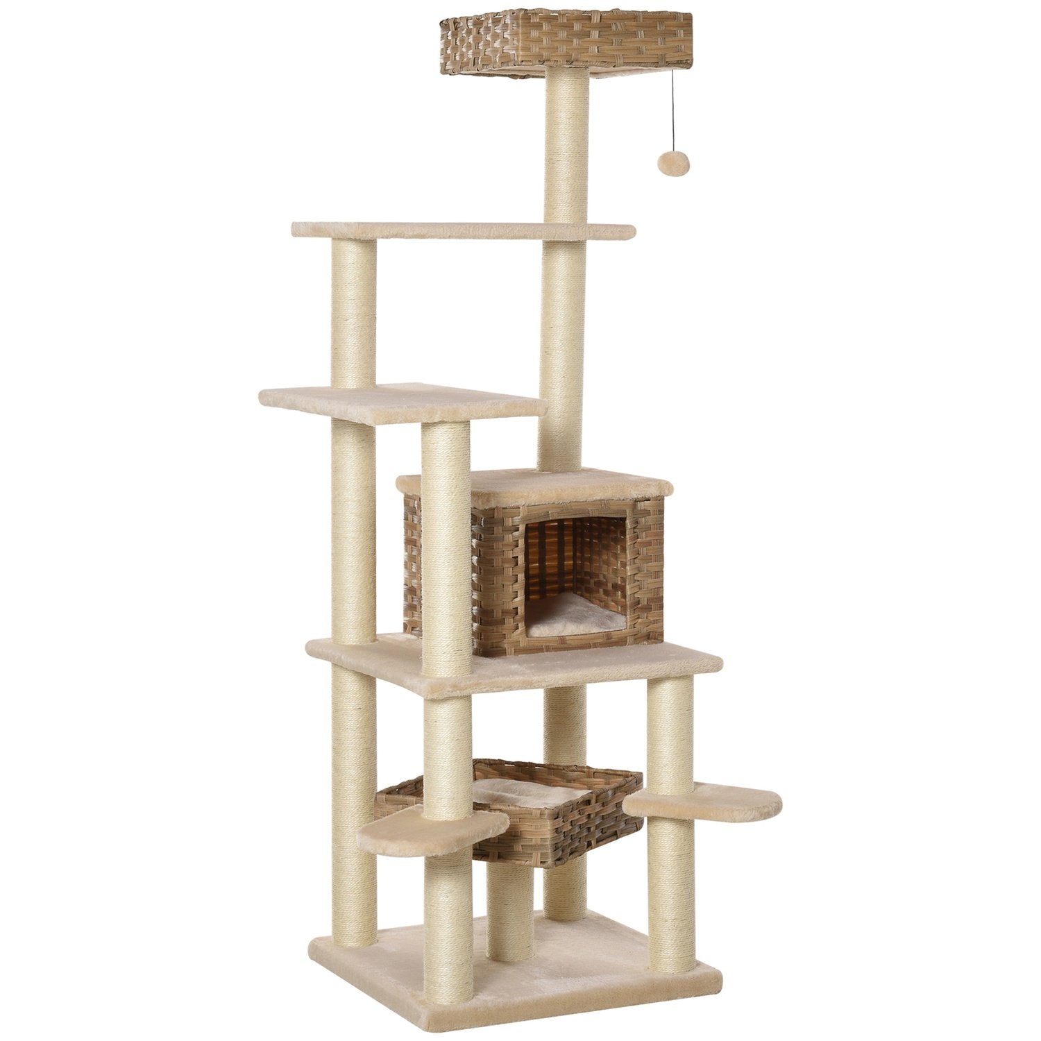 Rattan Skrapstolpe Klätterträd Katt Med Cat Cave Multi-Leer Cat Tree E1 Mdf Sisal Beige+Brun 55 X 55 X 174 Cm