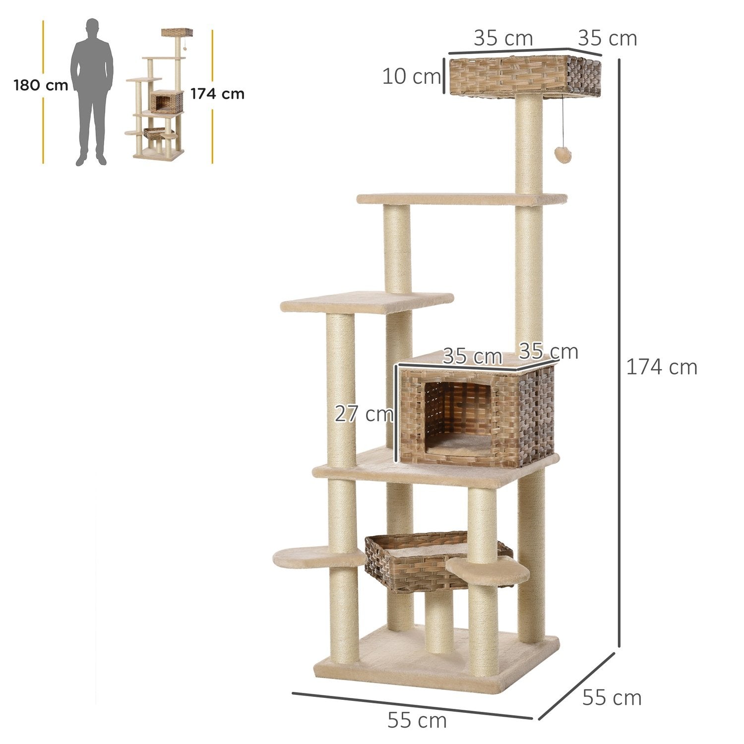 Rattan Skrapstolpe Klätterträd Katt Med Cat Cave Multi-Leer Cat Tree E1 Mdf Sisal Beige+Brun 55 X 55 X 174 Cm