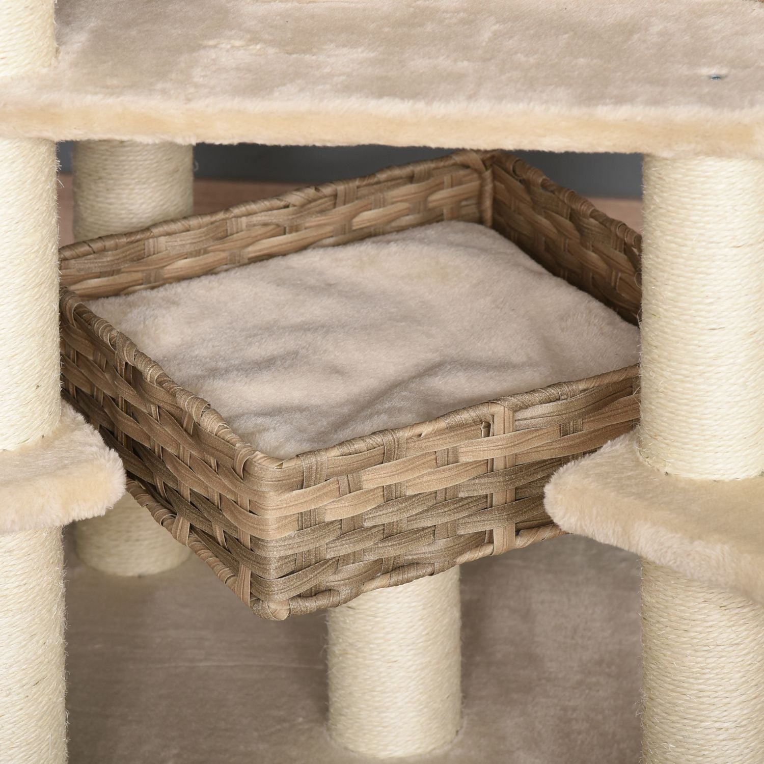 Rattan Skrapstolpe Klätterträd Katt Med Cat Cave Multi-Leer Cat Tree E1 Mdf Sisal Beige+Brun 55 X 55 X 174 Cm