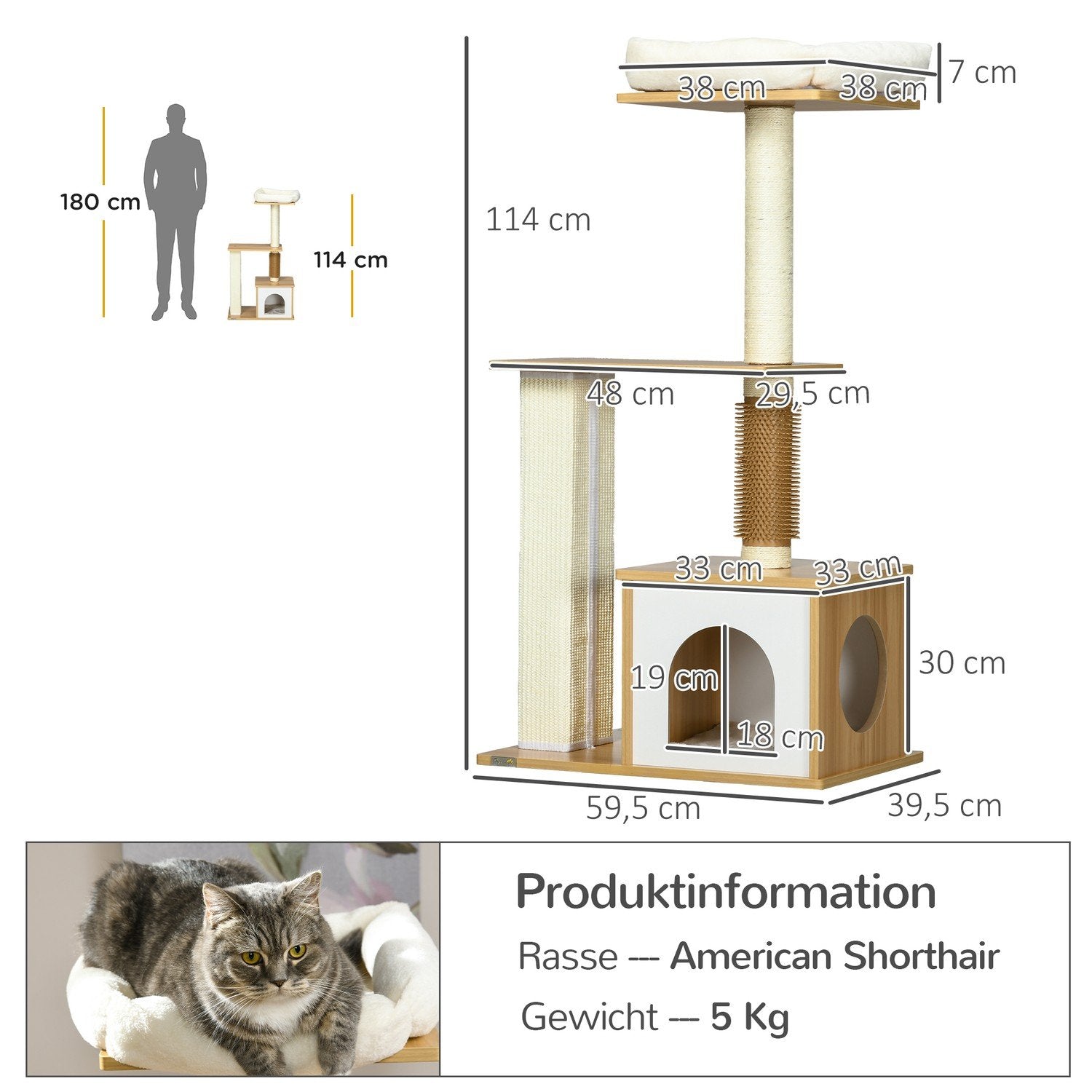 Skrapstolpe 114 Cm Kattträd Med Flera Nivåer Med Kattgrotta & Kittlingspelare, För Katter Upp Till 5 Kg, Ek