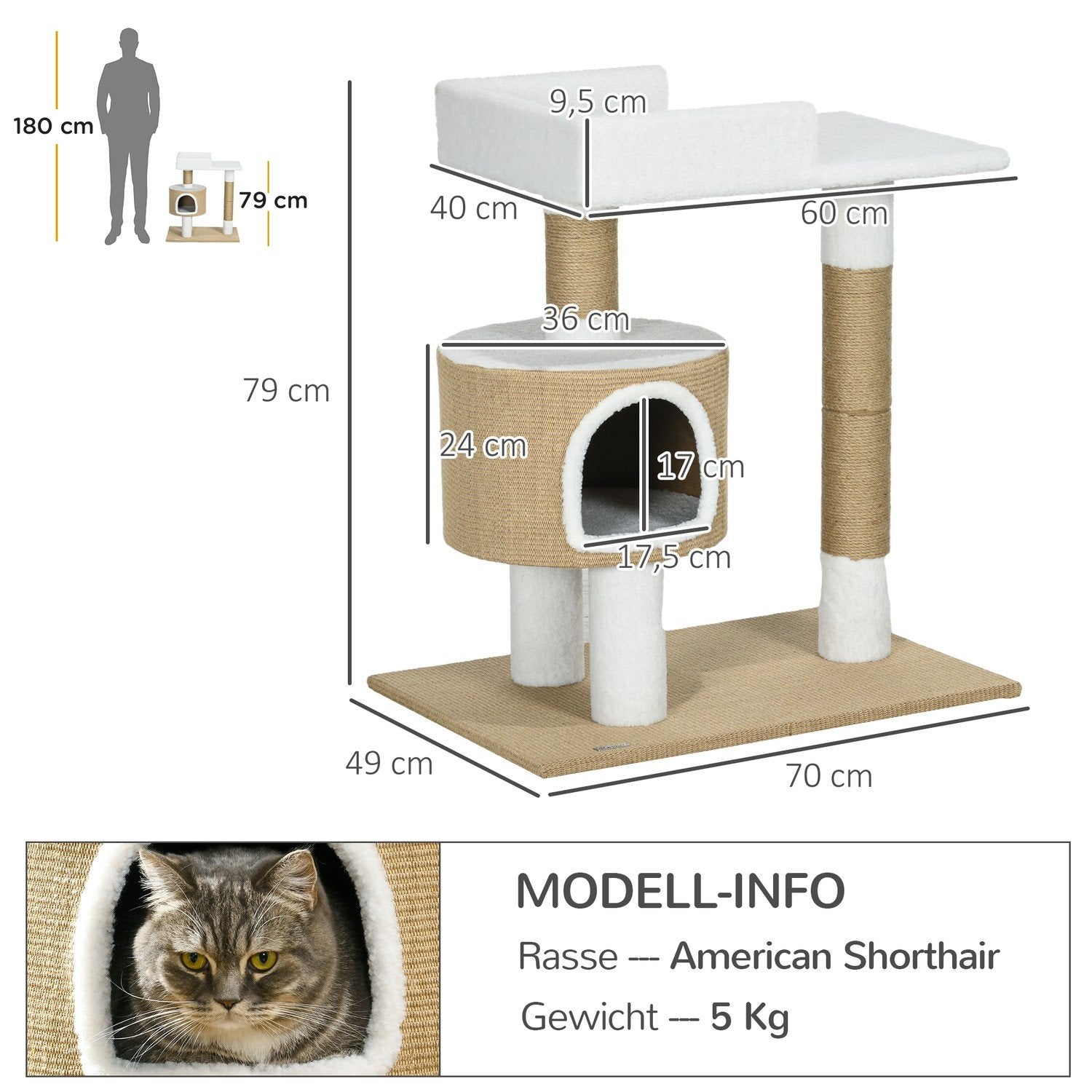 Skrapstolpe 79 Cm Litet Kattträd Med Kattgrotta & Liggyta, För Katter Upp Till 8 Kg, Jute, Brun/Vit