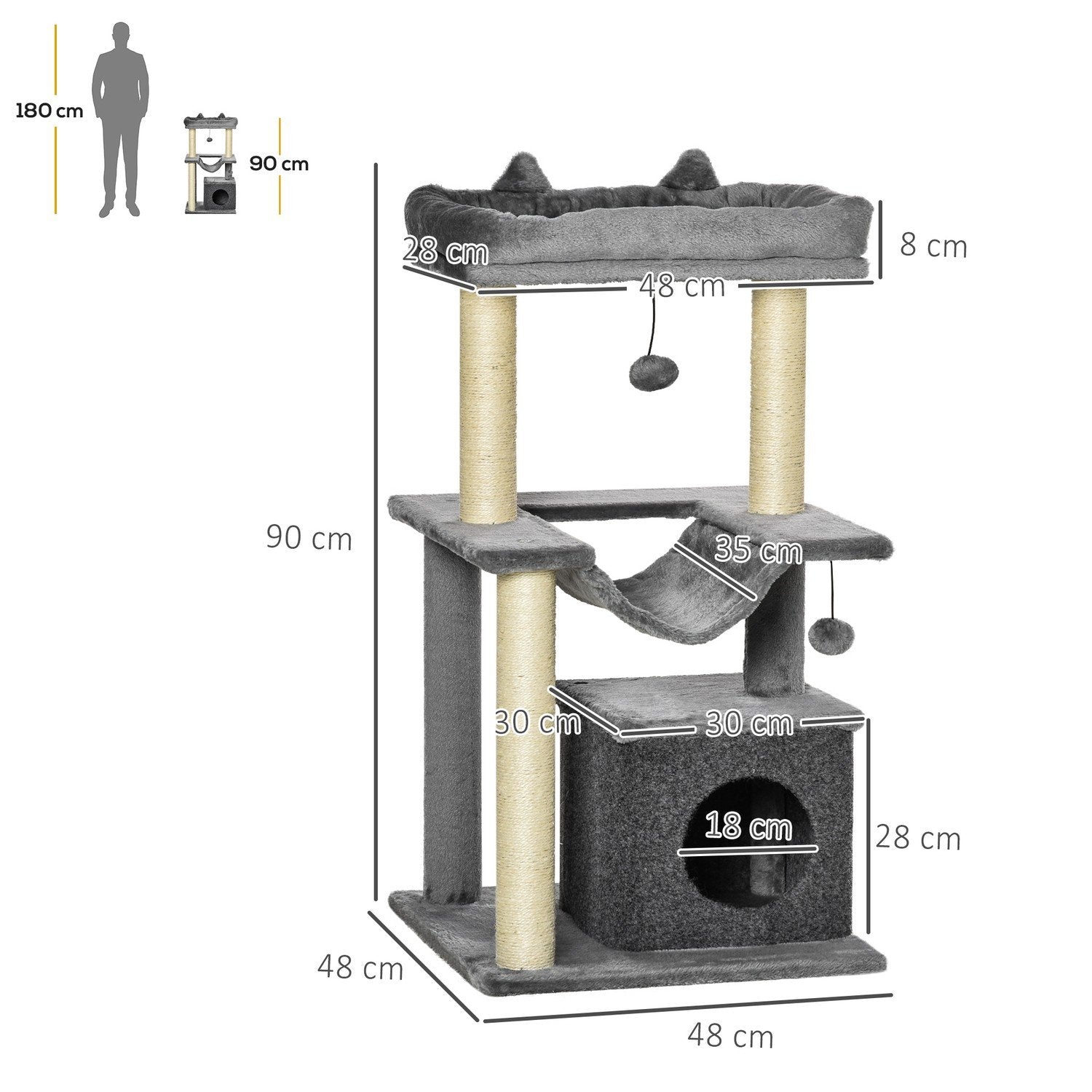 90Cm Skrapstolpe Hängmatta Play Tree Cat Cave Plattformar Klätterträd Plysch Sisal Grey