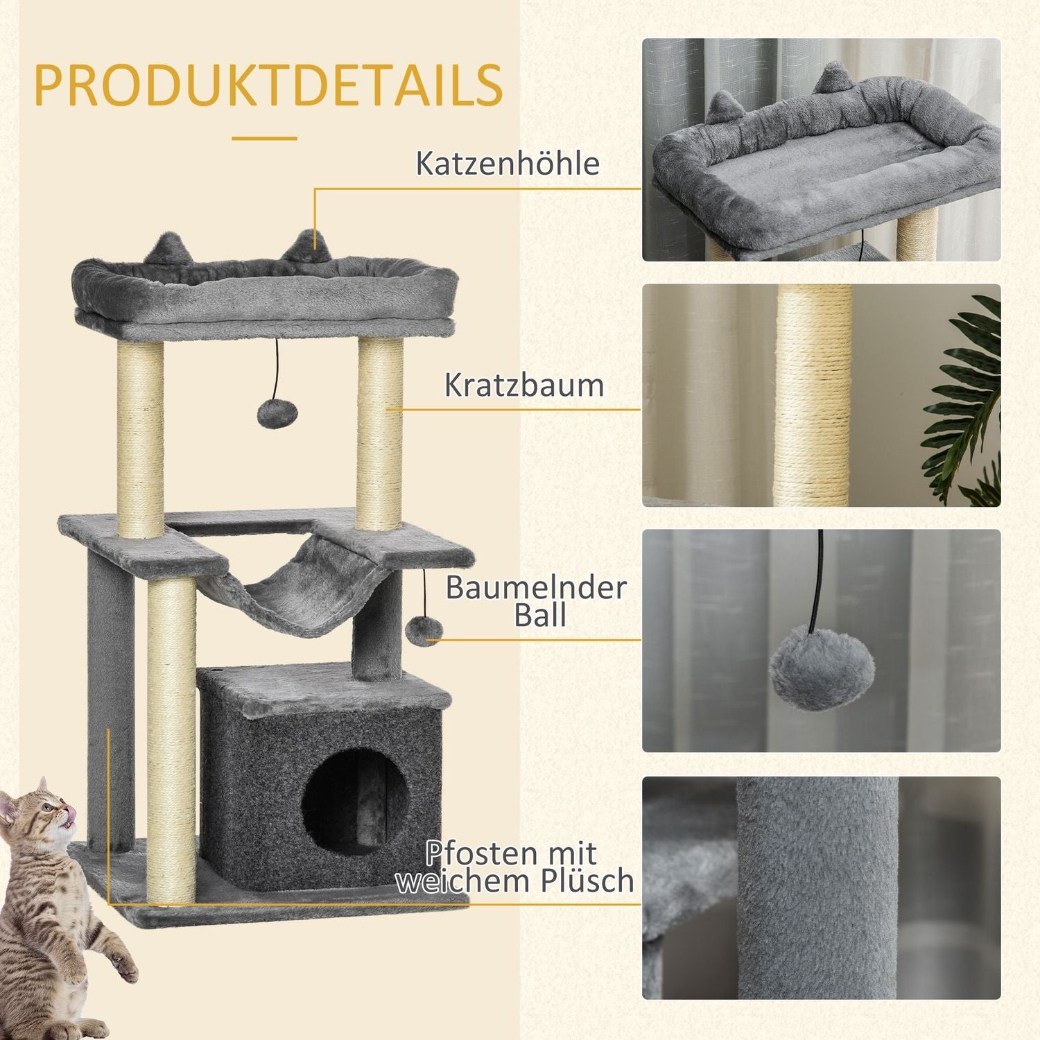 90Cm Skrapstolpe Hängmatta Play Tree Cat Cave Plattformar Klätterträd Plysch Sisal Grey