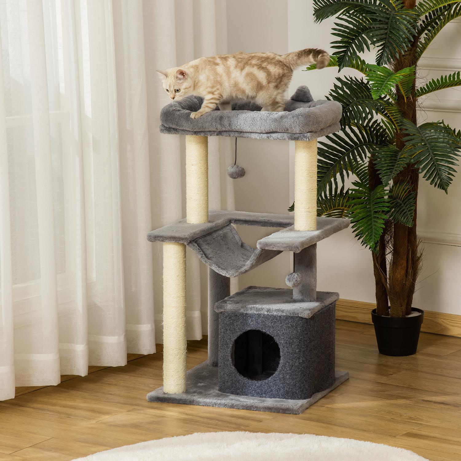 90Cm Skrapstolpe Hängmatta Play Tree Cat Cave Plattformar Klätterträd Plysch Sisal Grey