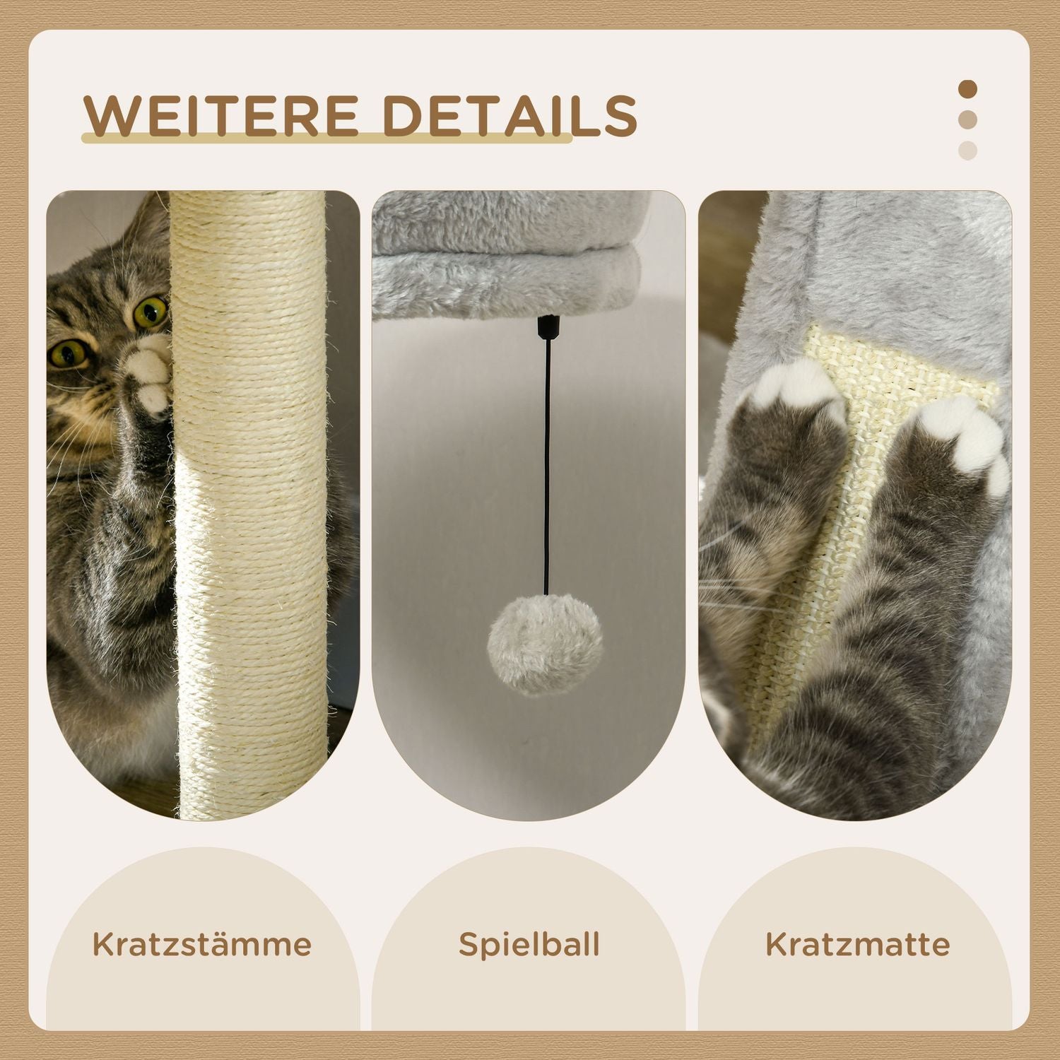 Skrapstolpe 141,5 Cm Kattträd Med Kattgrotta, Lekboll, Hängsäng, 2 Plattformar, Sisal