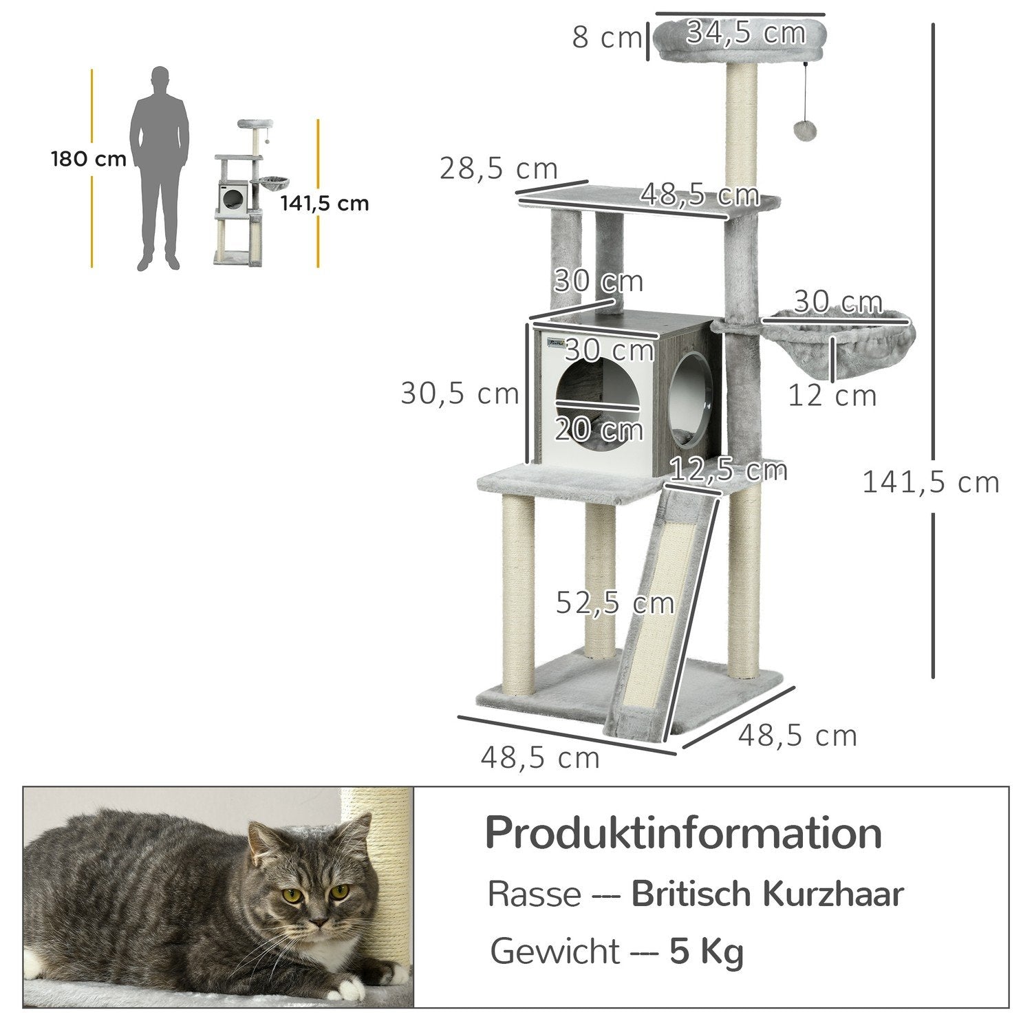 Skrapstolpe 141,5 Cm Kattträd Med Kattgrotta, Lekboll, Hängsäng, 2 Plattformar, Sisal