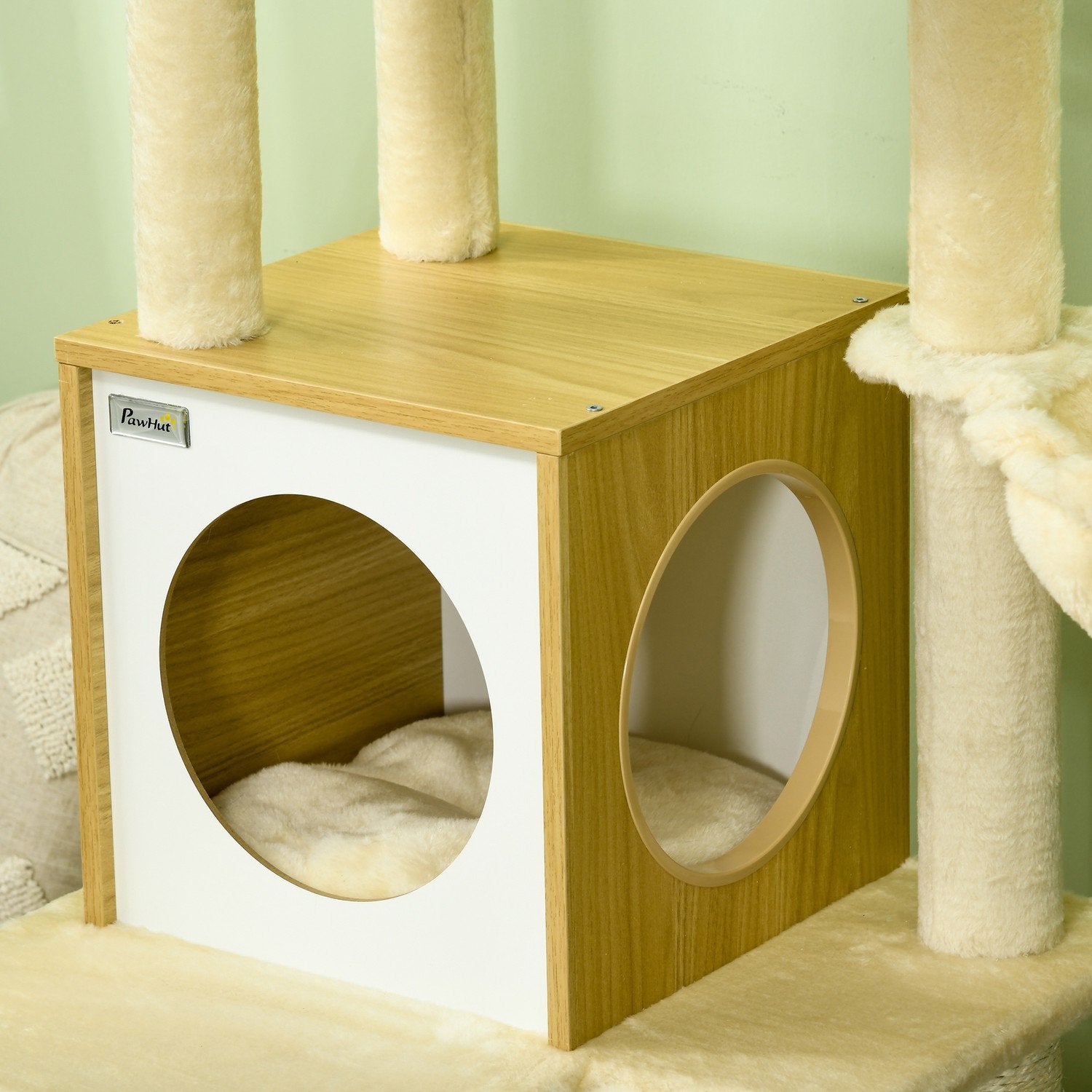 Skrapstolpe Med Cat Cave Play Ball, Hängande Säng, 2 Plattformar, Sisal, Beige