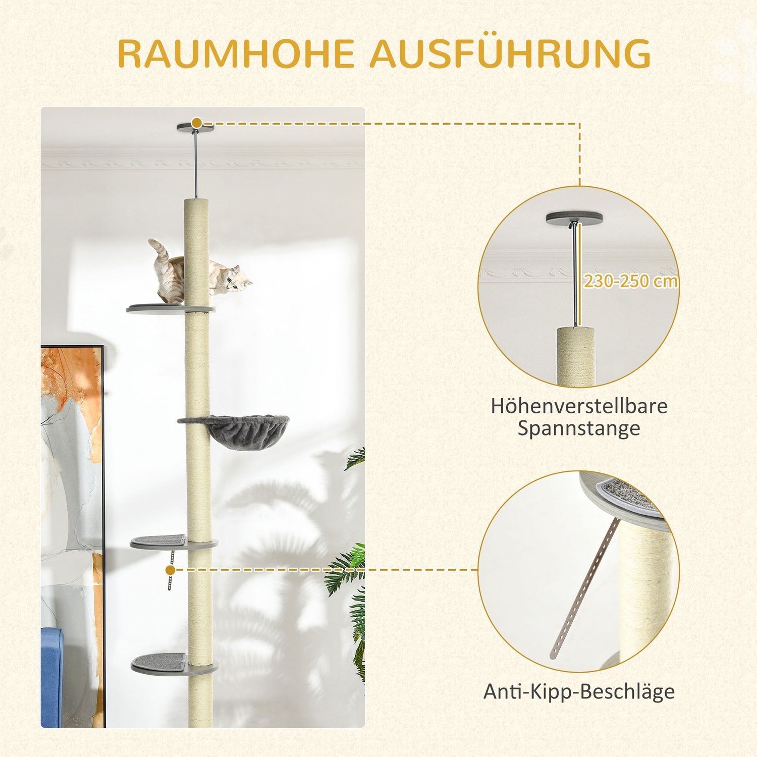 Kattskrapstolpe Takhöjd 230-250 Cm, Med Hängmatta, Höj- Och Sänkbar, Grå + Krämvit