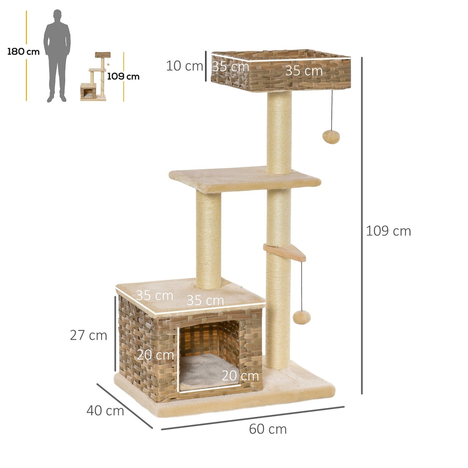 Rattan Cat Tree Skrapstolpe Med Cat Cave, Ball Toy, Sisal & Mjuk Plysch, 108Cm, Brun+Beige