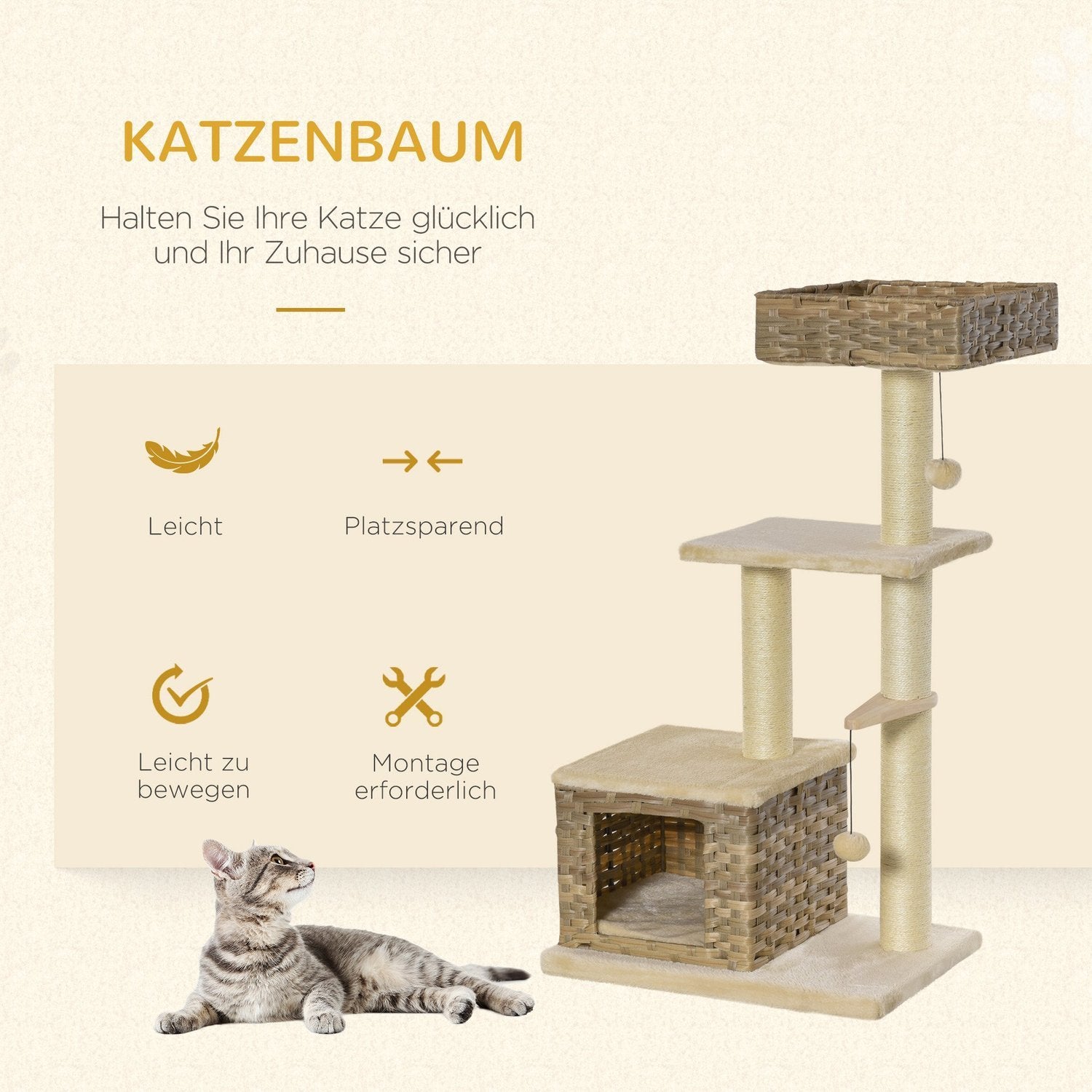 Rattan Cat Tree Skrapstolpe Med Cat Cave, Ball Toy, Sisal & Mjuk Plysch, 108Cm, Brun+Beige