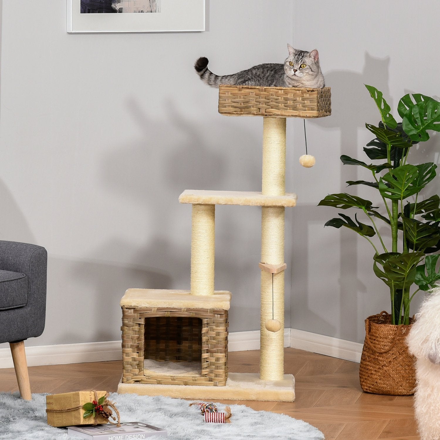 Rattan Cat Tree Skrapstolpe Med Cat Cave, Ball Toy, Sisal & Mjuk Plysch, 108Cm, Brun+Beige