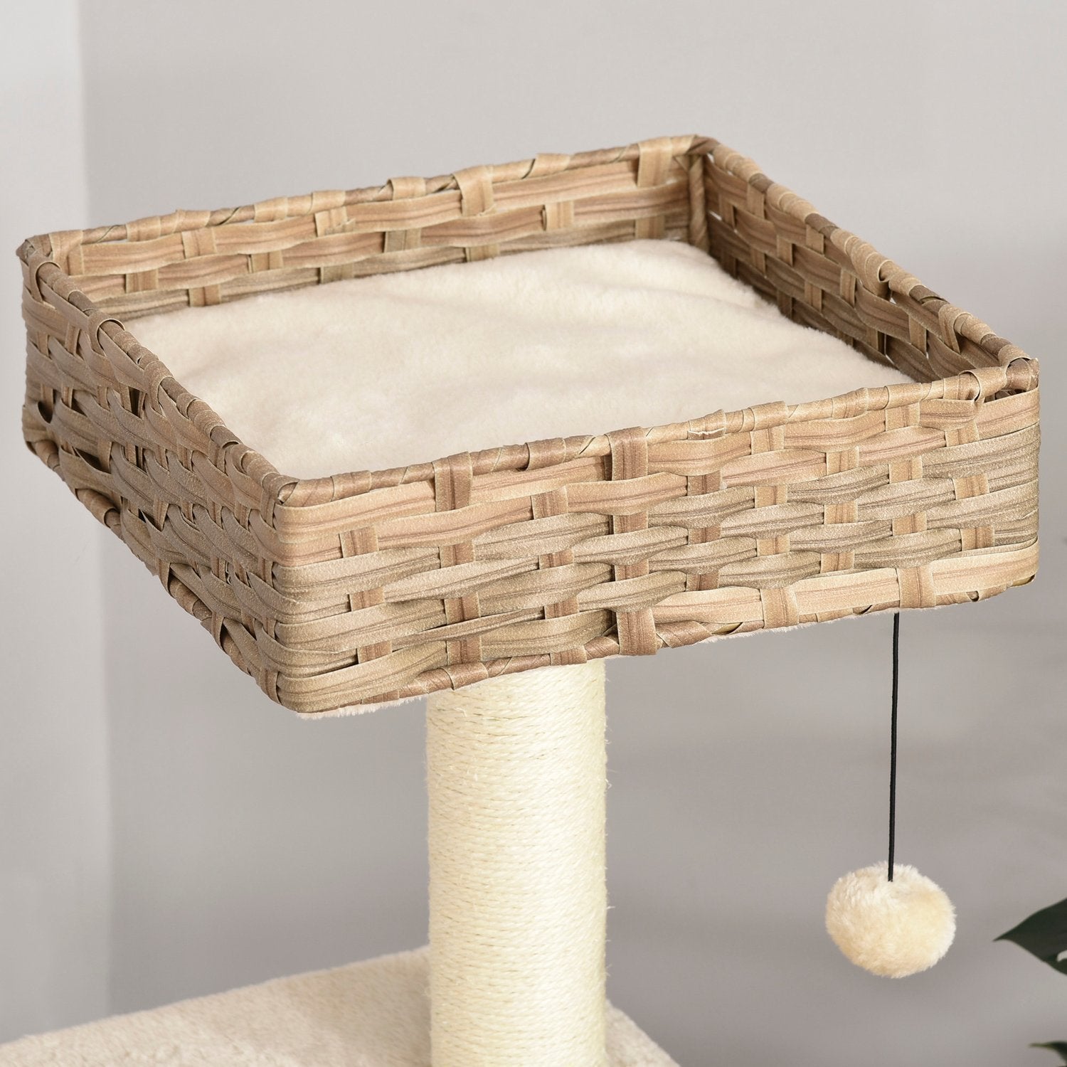 Rattan Cat Tree Skrapstolpe Med Cat Cave, Ball Toy, Sisal & Mjuk Plysch, 108Cm, Brun+Beige