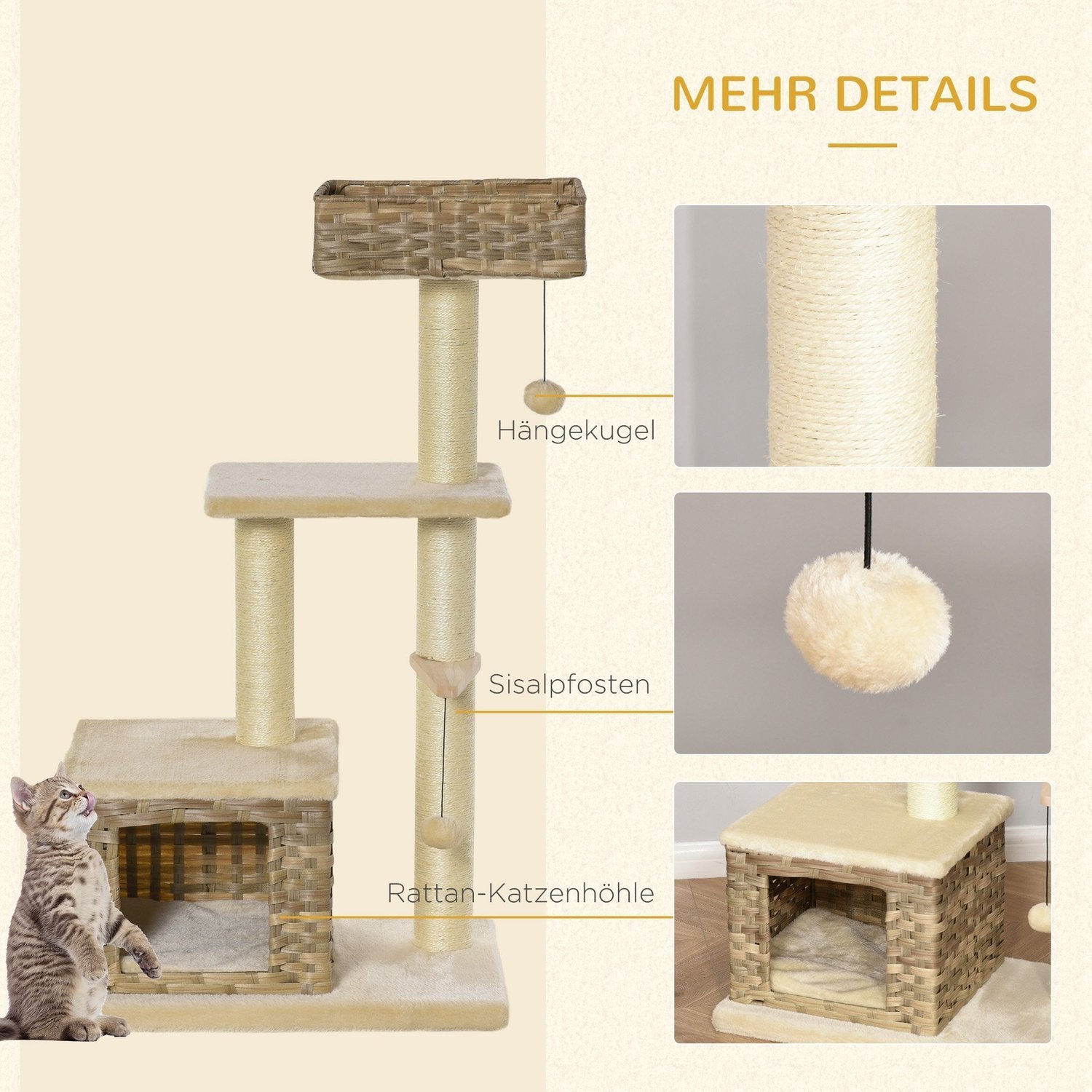 Rattan Cat Tree Skrapstolpe Med Cat Cave, Ball Toy, Sisal & Mjuk Plysch, 108Cm, Brun+Beige