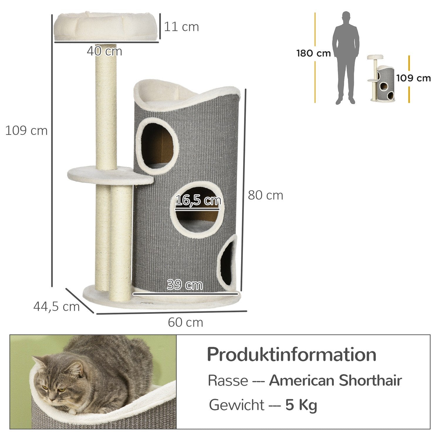 Skrapstolpe 109Cm Kattträd Med Skraptunna & Kattbädd, Sisalpelare, Vit + Grå