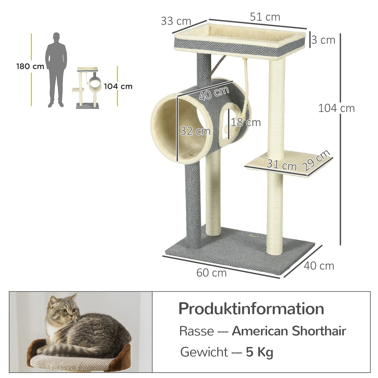 Skrapstolpe 104Cm Med Lekboll & 2 Liggplatser Kattträd För Katter Upp Till 5 Kg, Sisal, Grå