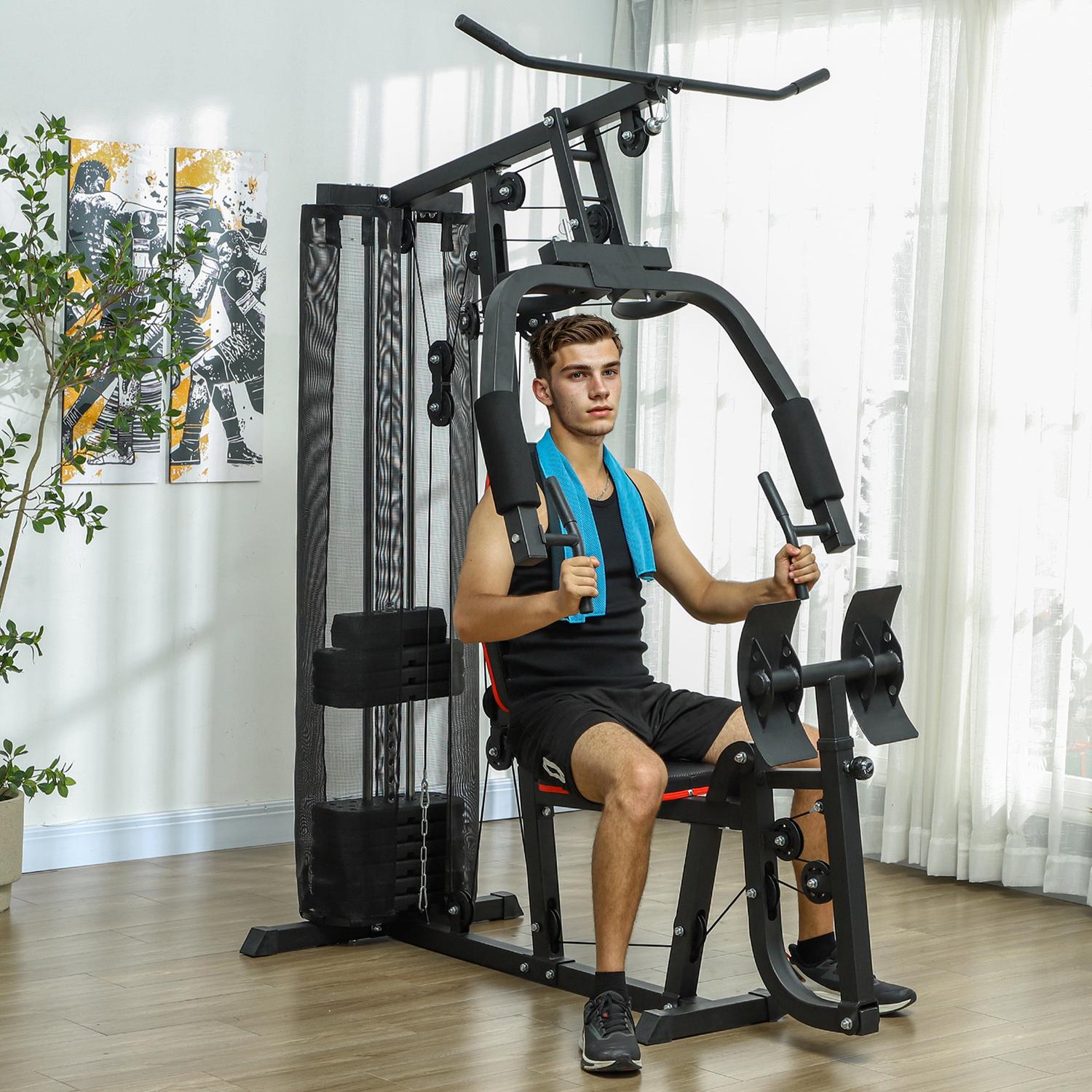 Multifunktionell fitnessstation med benpress och 45 kg vikter