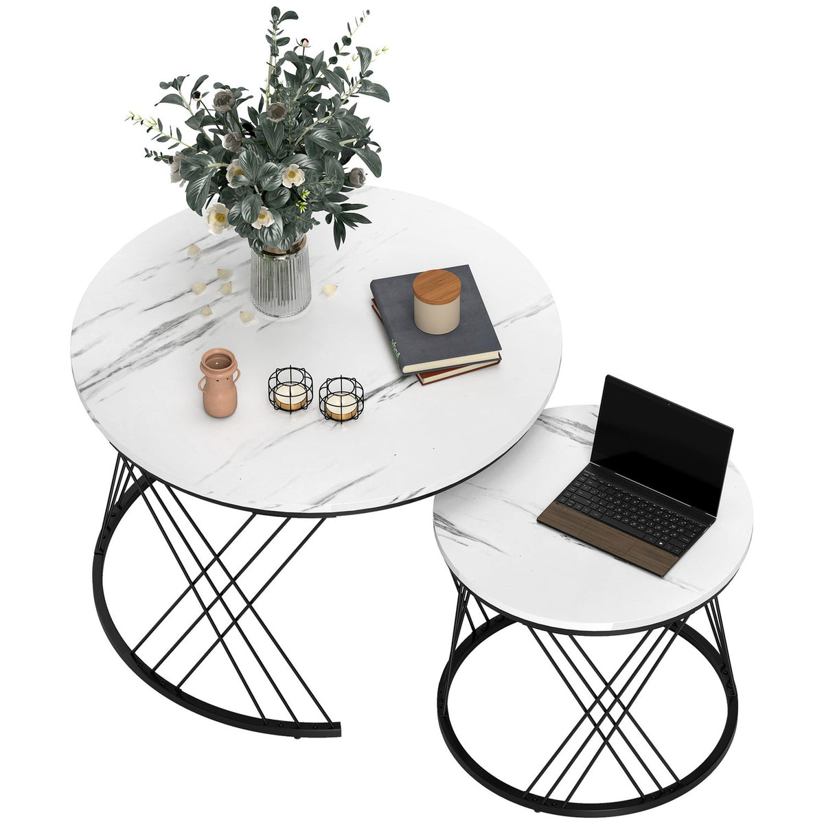 Nestable Salontafelset, Marmerlook, Wit, 2-delig