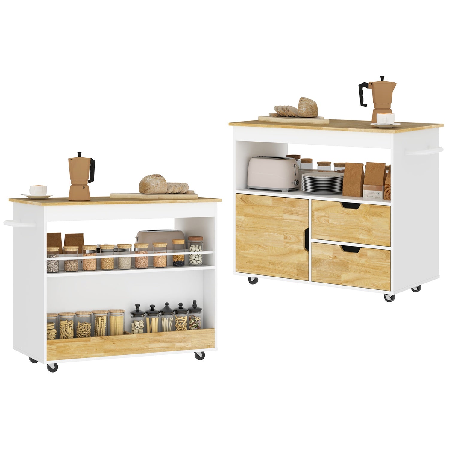 Oak Kitchen Island Trolley – Bänkskiva, lådor, mjukstängande dörr