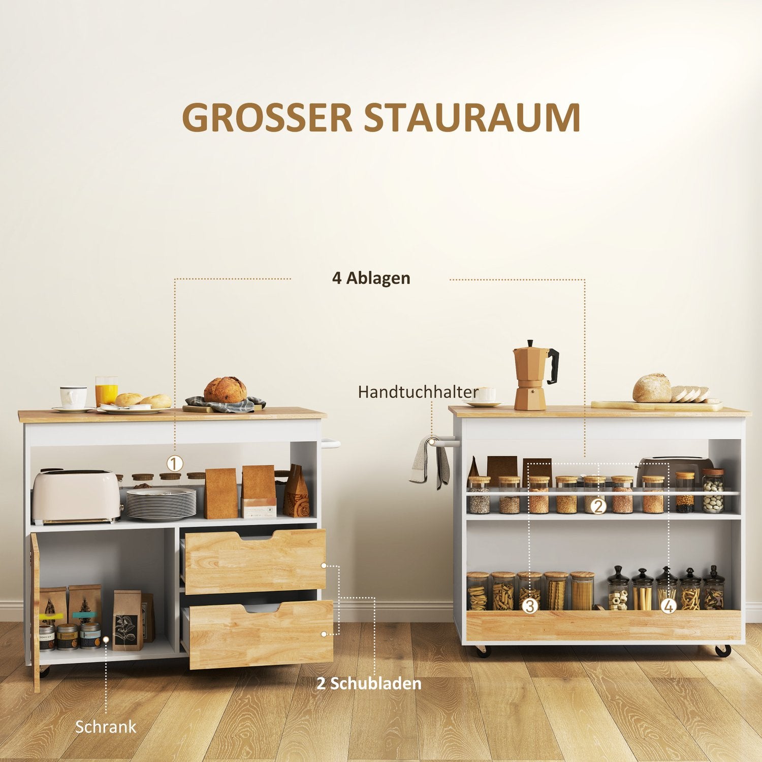 Oak Kitchen Island Trolley – Bänkskiva, lådor, mjukstängande dörr