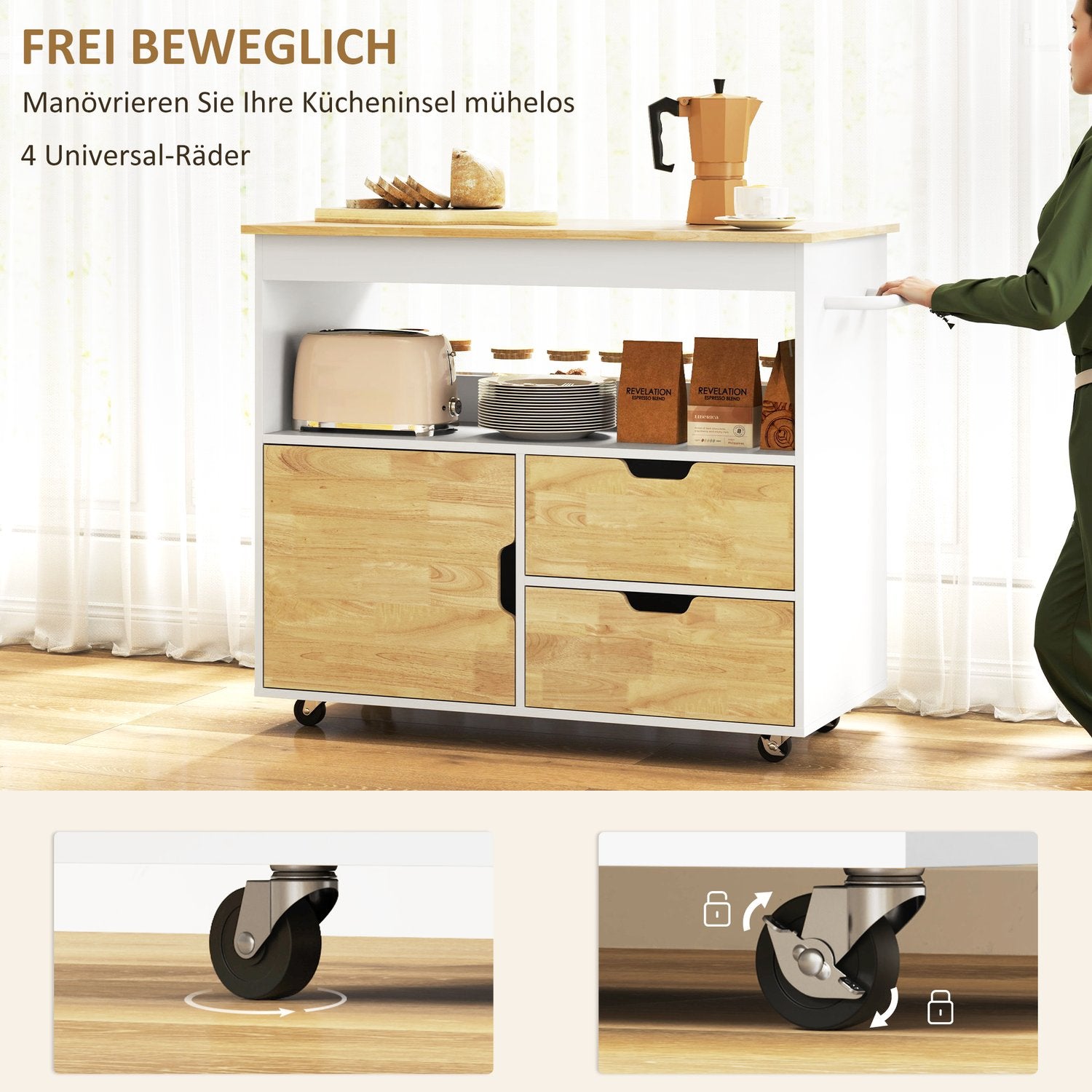 Oak Kitchen Island Trolley – Bänkskiva, lådor, mjukstängande dörr