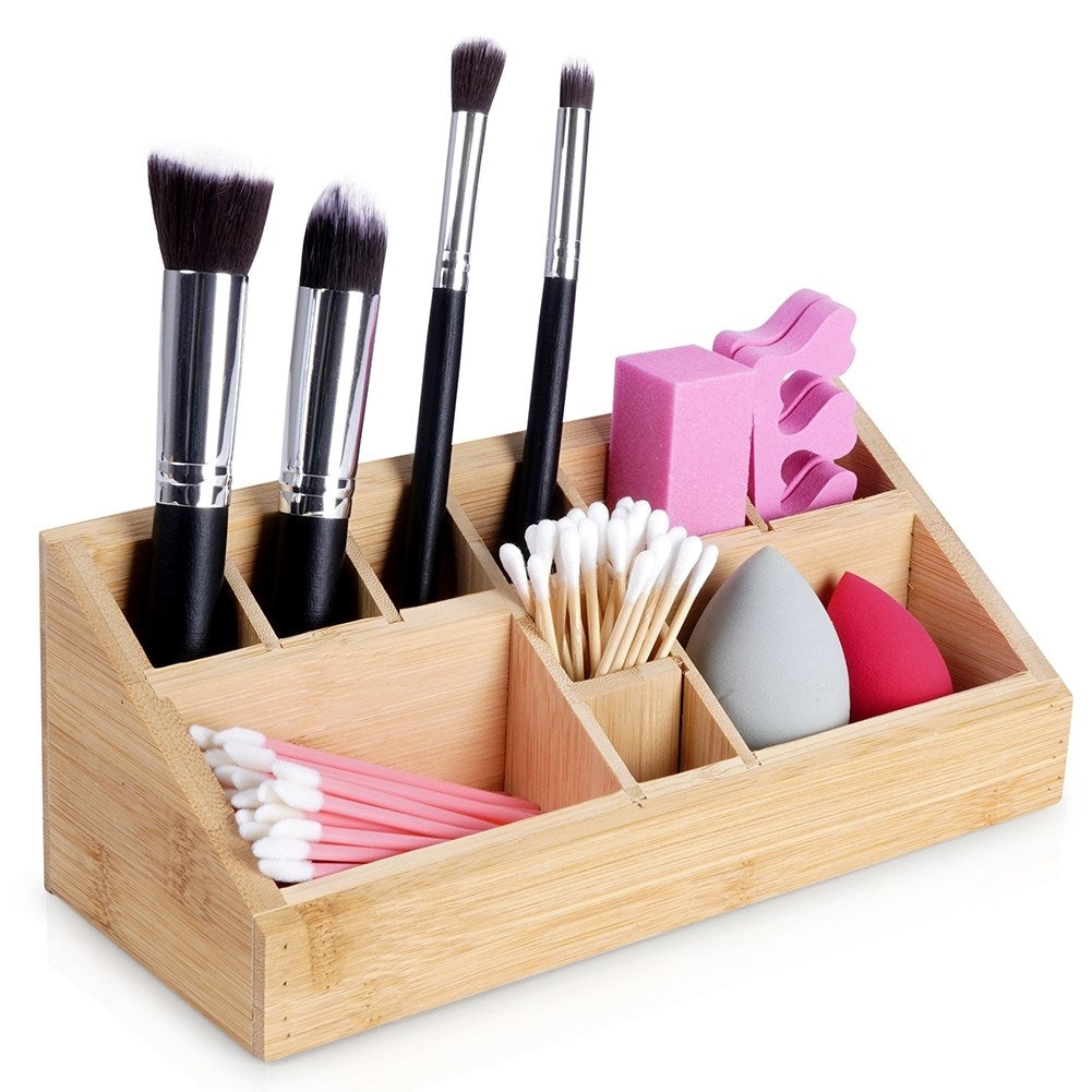 Organisator med 10 fack i bambuträ för smink och makeup