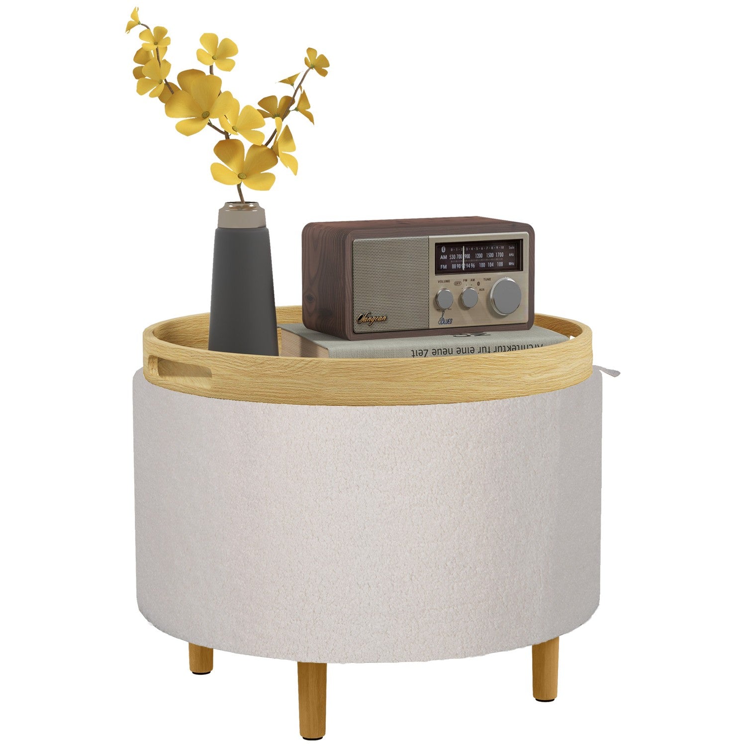 Rund ottomansk pall med förvaring, hopfällbart lock, vit