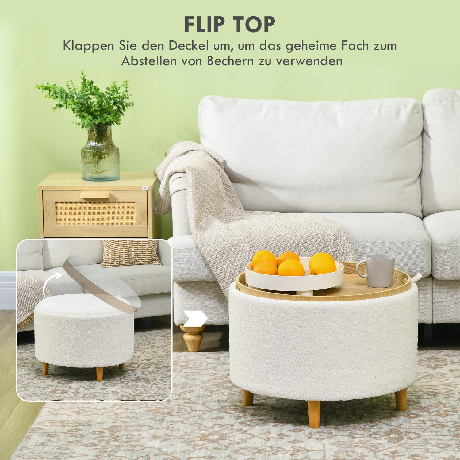 Rund ottomansk pall med förvaring, hopfällbart lock, vit