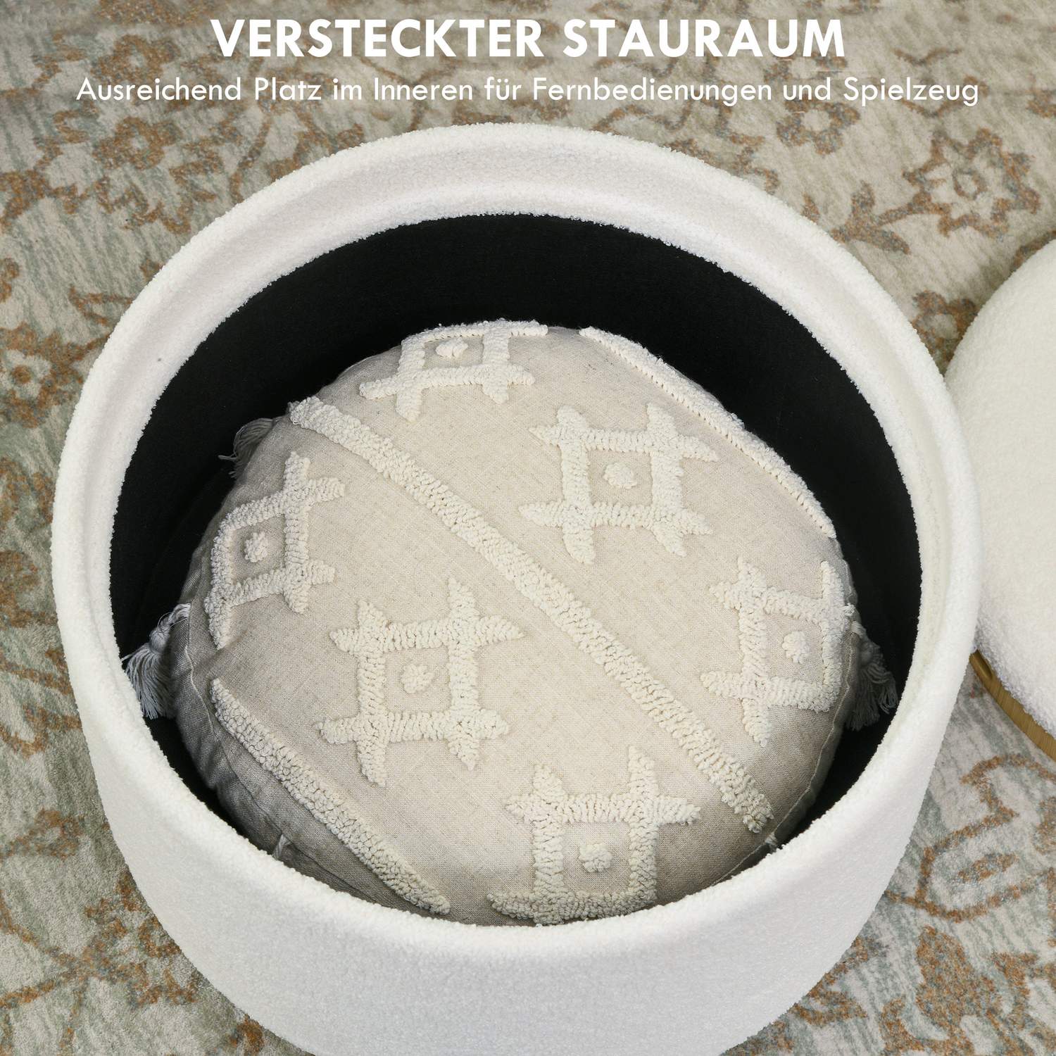 Rund ottomansk pall med förvaring, hopfällbart lock, vit