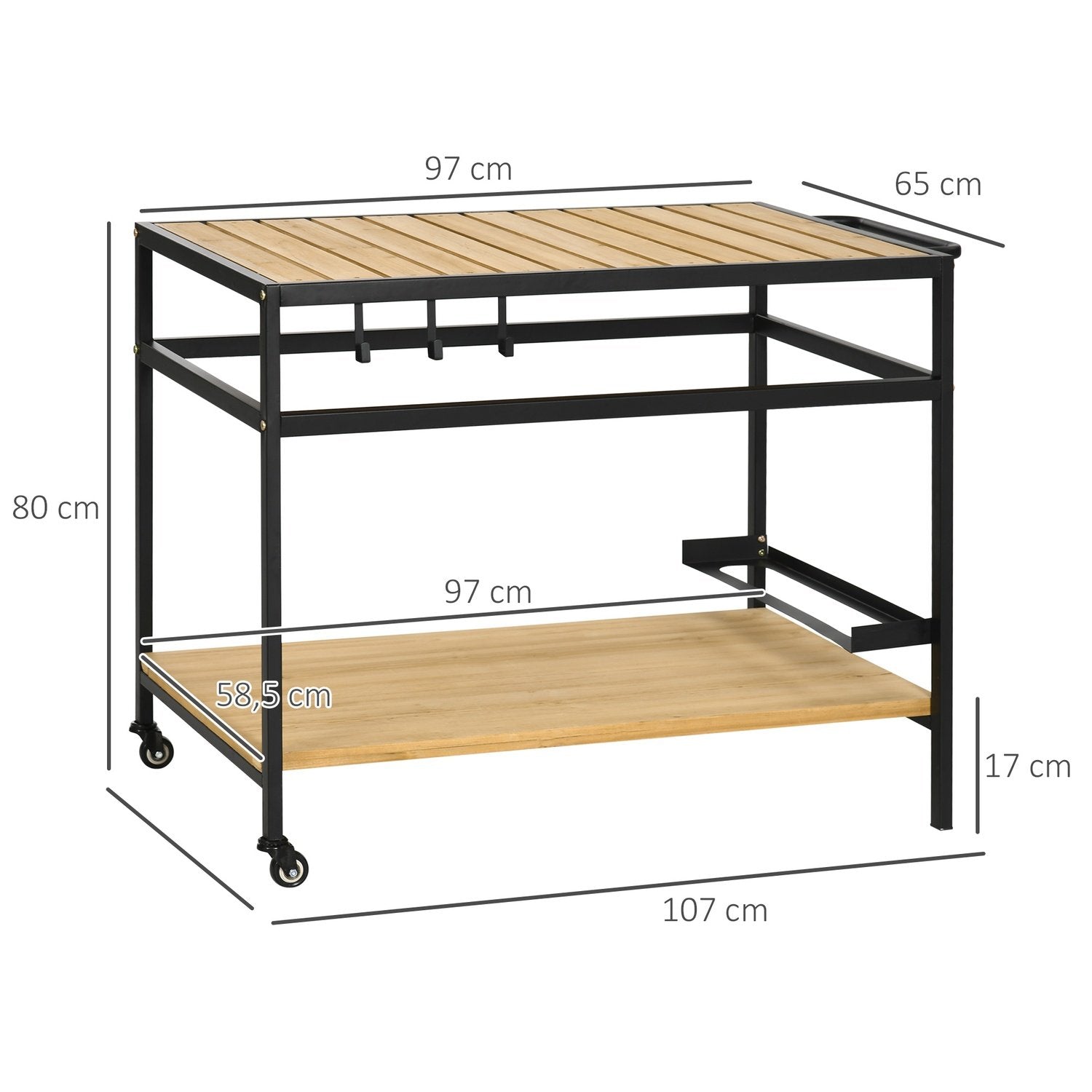 Serveringsvagn, Grillvagn Med 2 Hyllor, Köksvagn Med Krokar, Utomhus Multifunktionsbord Med Hjul, Natur, 107 X 65 X 80Cm