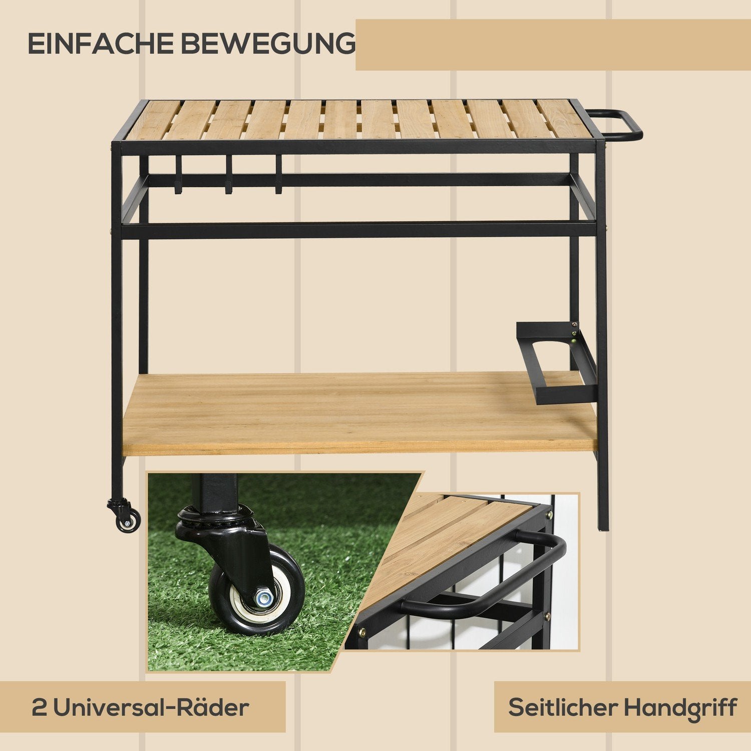 Serveringsvagn, Grillvagn Med 2 Hyllor, Köksvagn Med Krokar, Utomhus Multifunktionsbord Med Hjul, Natur, 107 X 65 X 80Cm