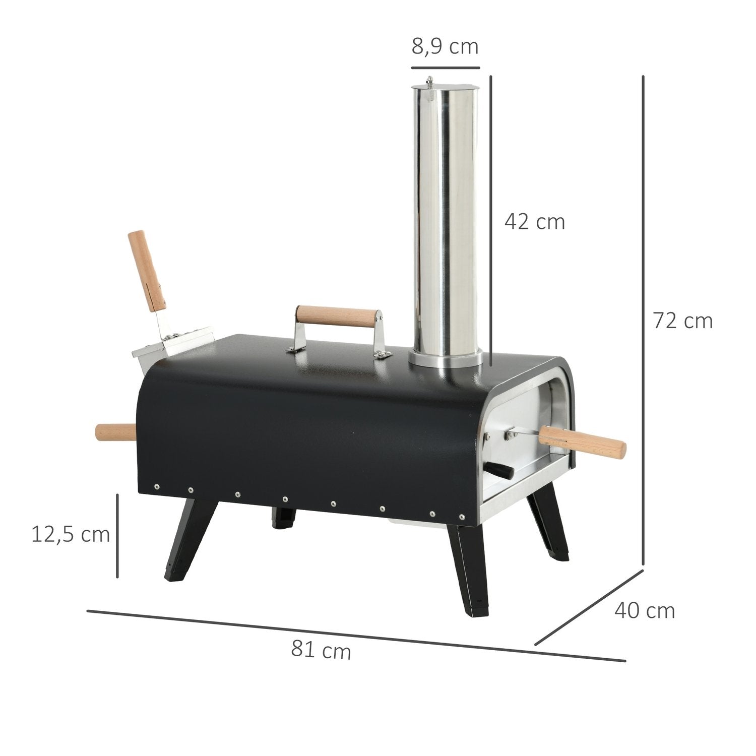 2-In-1 Pizzaugn, Vedeldad Ugn Med Pizzasten, Pizzaspade, Pizzaskal, Hopfällbar, Stål, Svart, Utomhusgrill