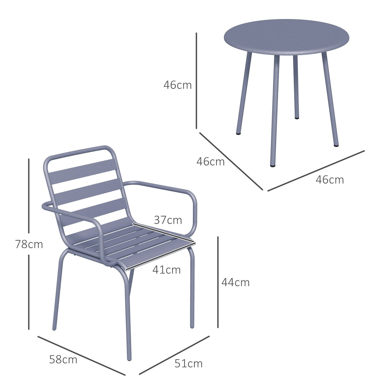 3 St. Bistroset Trädgårdsmöbelset Med 1 Soffbord, 2 Stapelbara Stolar, Balkongset, Sittgrupp För Balkong, Terrass, Stål, Ljusgrå