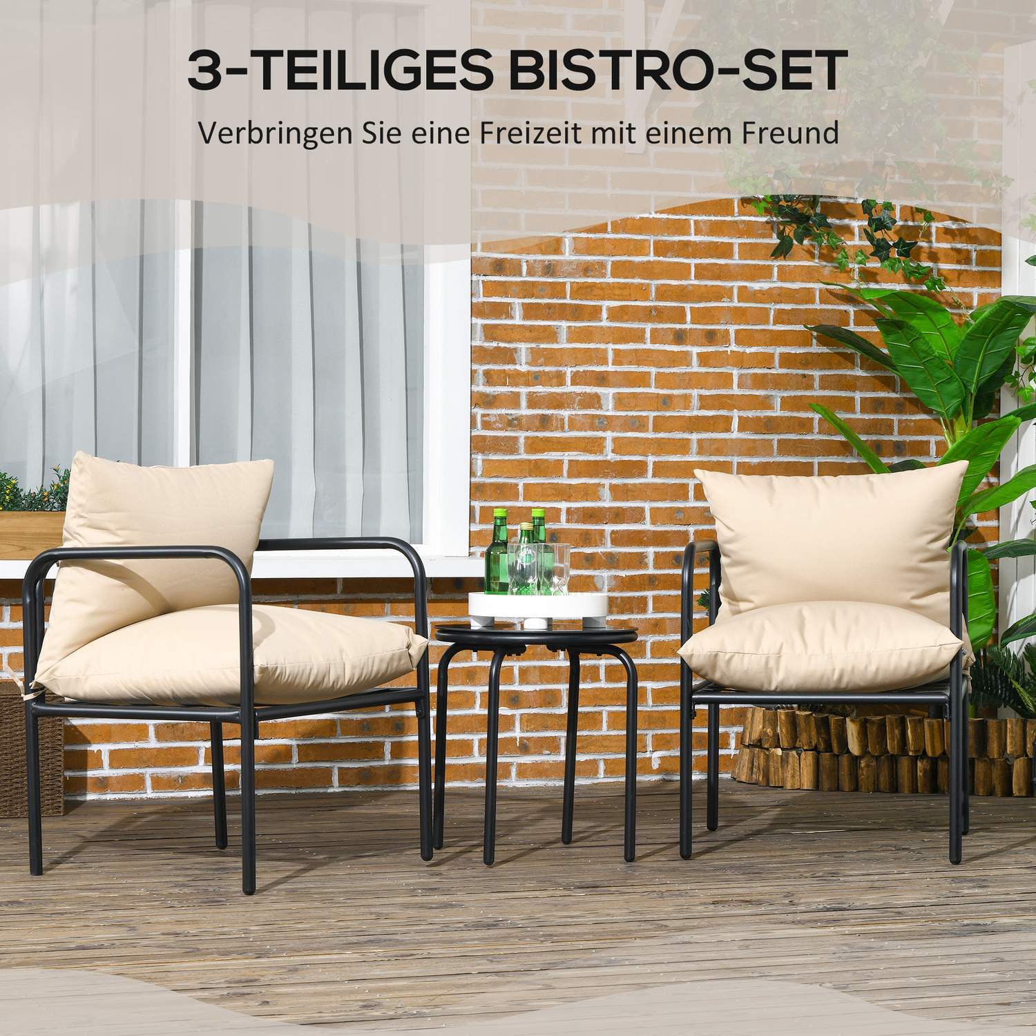 3 St. Trädgårdsmöbelset, Bistroset Med 2 Stolar, 1 Soffbord, Balkongmöbelset Med Sittdynor, Trädgårdssittgrupp, Stål, Beige