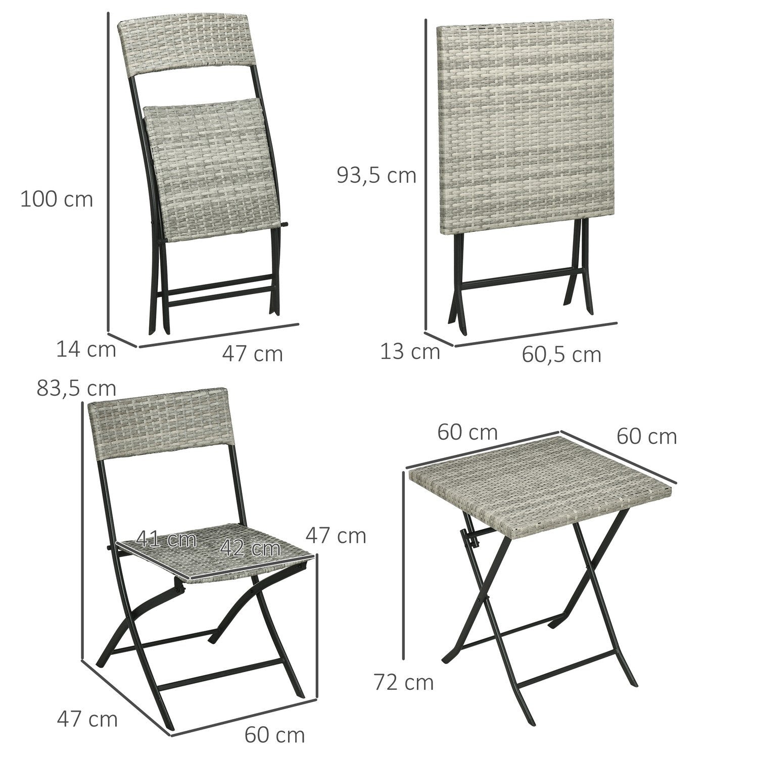 3 St. Råttor Balkongmöbelset, Bistroset Med 2 Fällbara Stolar, Fällbord, Trädgårdsmöbelset, Sittgrupp, Sittgrupp, Metall, Ljusgrå