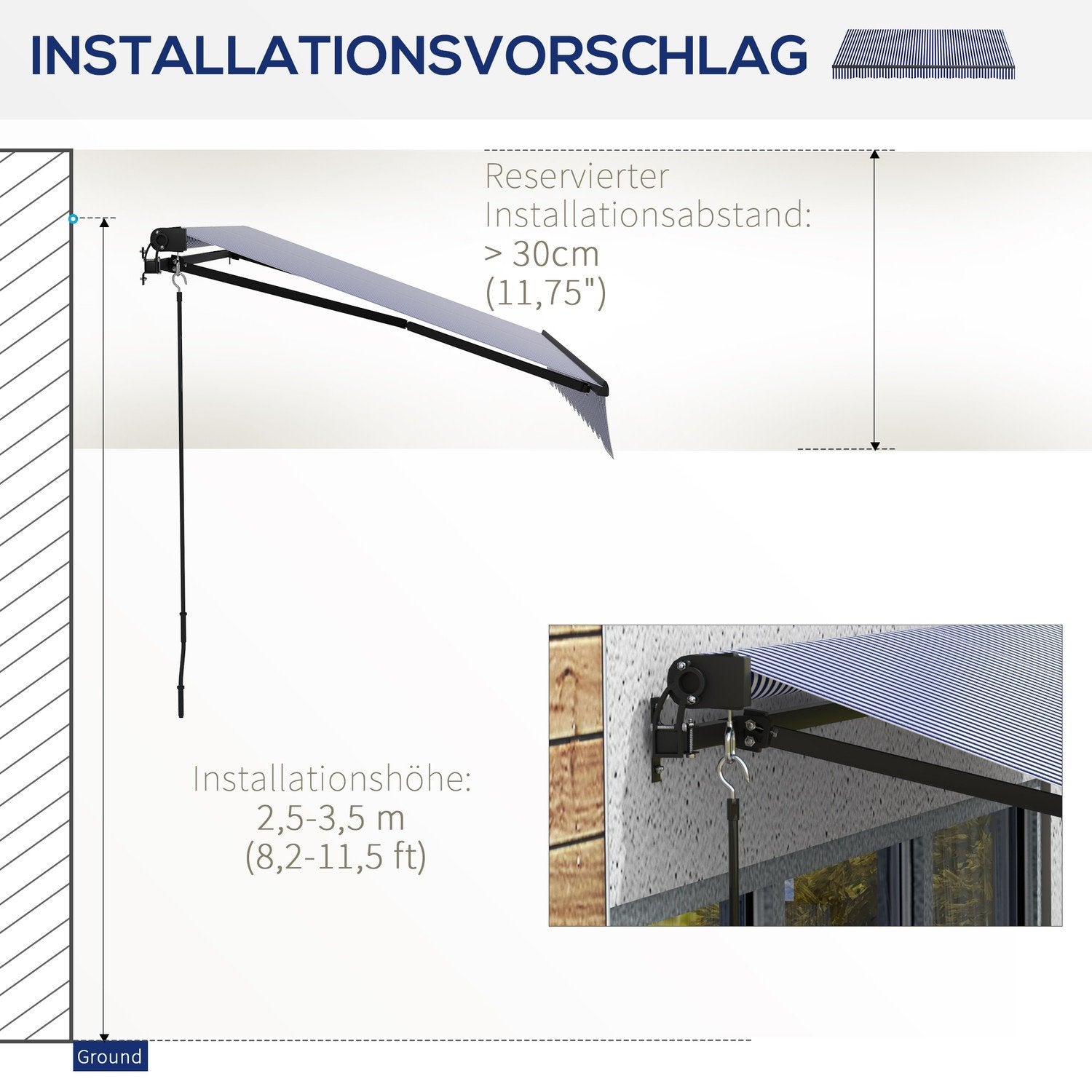 3 X 2,5 M Markis Vägghängd Balkongmarkis Med Handvev, Solskydd, Solskydd För Balkong Aluminium Blå + Vit