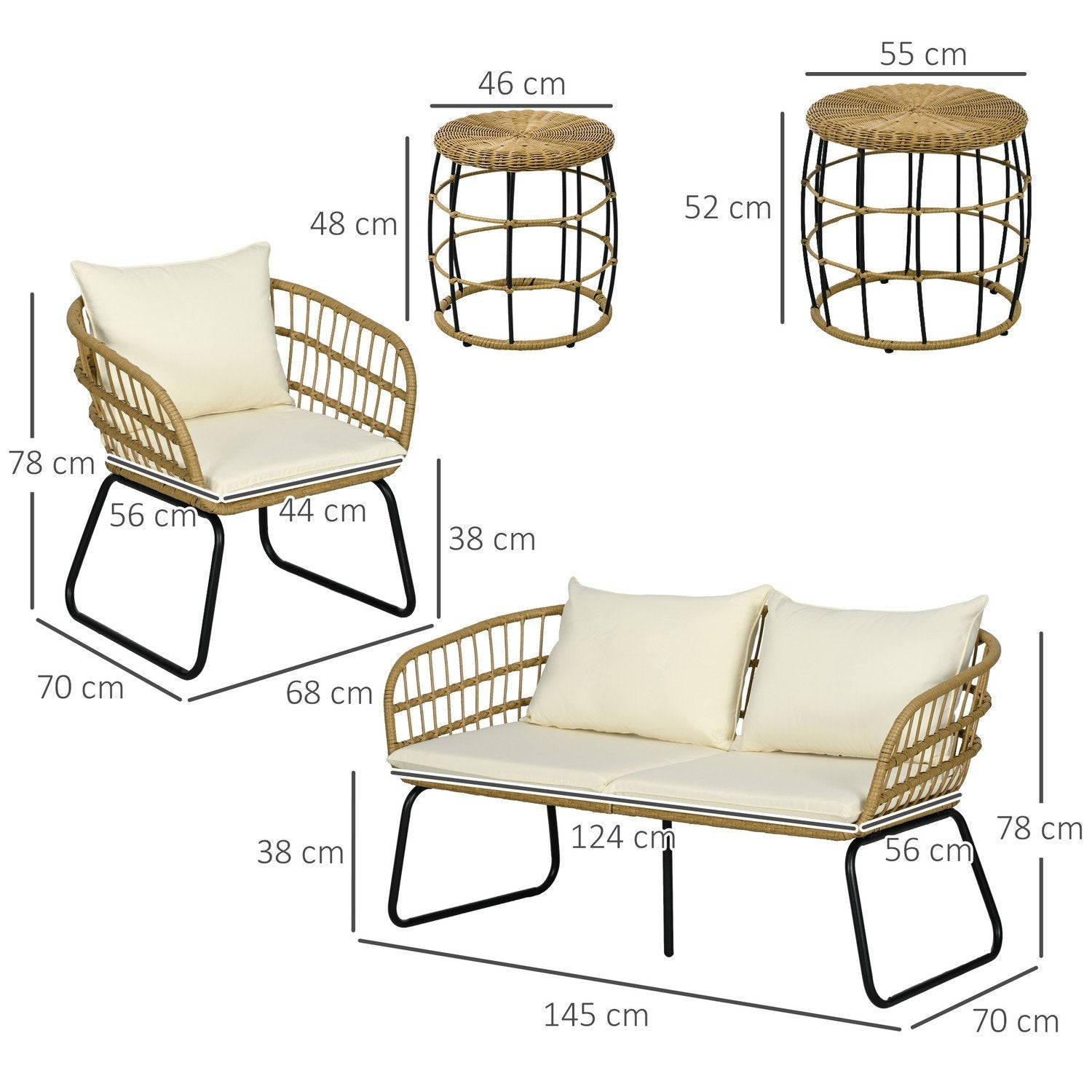 5-Delad Trädgårdsmöbler I Rotting, Sittgrupp Med Kuddar, Trädgårdsset Med 2 Soffbord, 2 Fåtöljer, 1 Dubbelsoffa, Sittgrupp, Stål, Beige